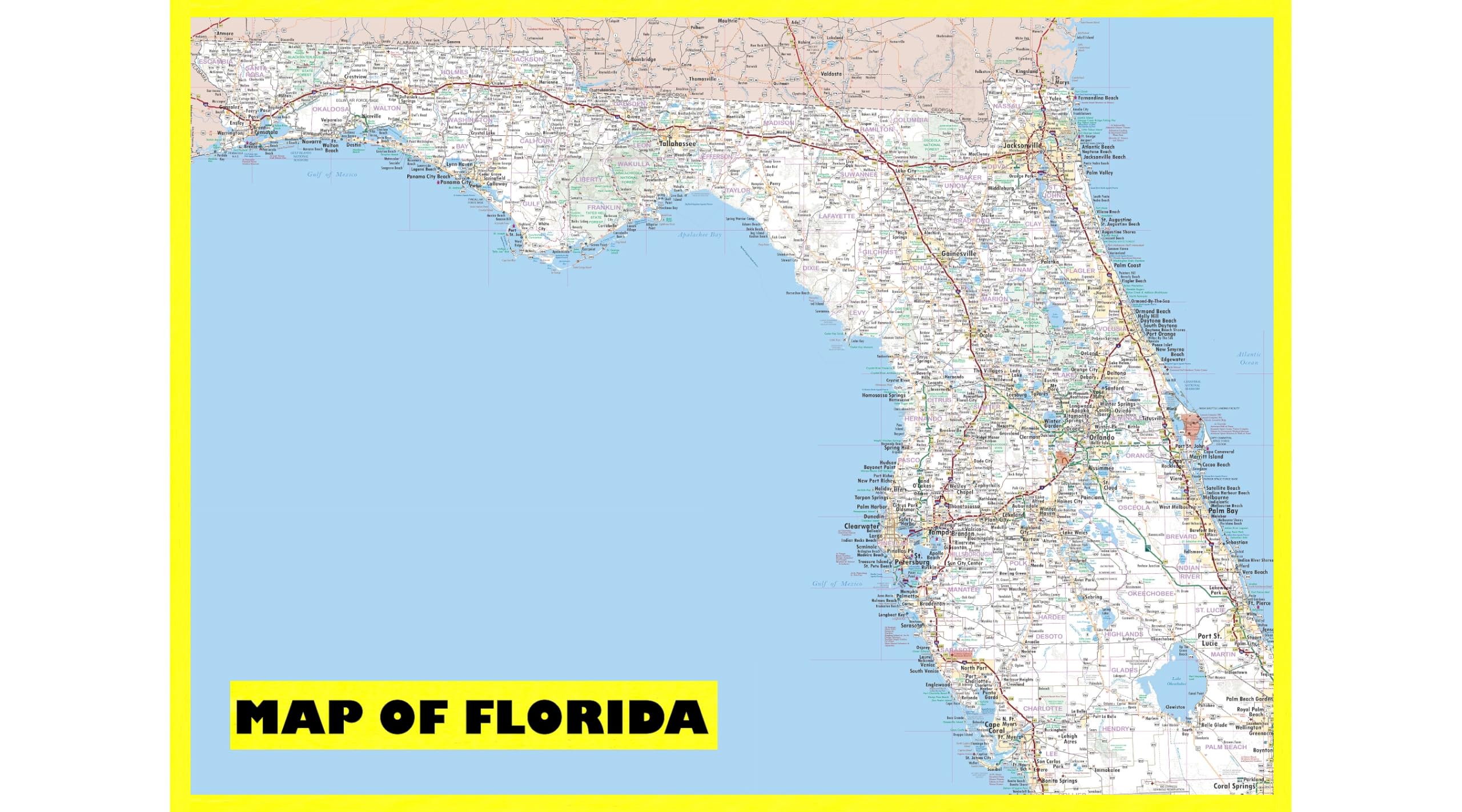 18x24 - Map of Florida Large Detailed Roads and Highways, Map of Florida State with All Cities, Parks and Landmarks - Laminated Wall Map Poster Print