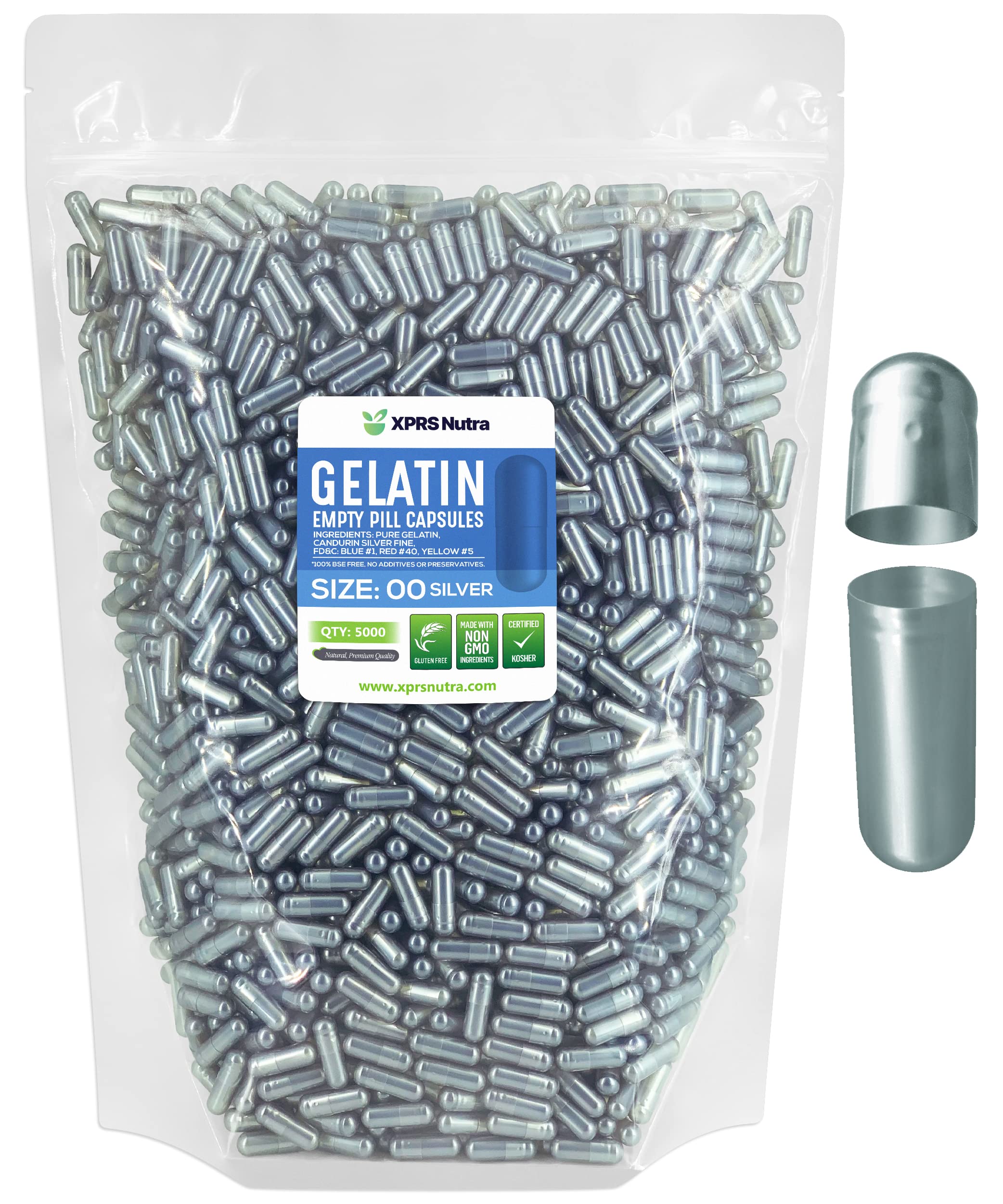 XPRS Nutra Size 00 Empty Capsules - 5000 Count Empty Gelatin Capsules - Pills DIY Capsule Filling - Fillable Pill Gel Caps for DIY Supplements (Silver) 5000 Count (Pack of 1) Silver