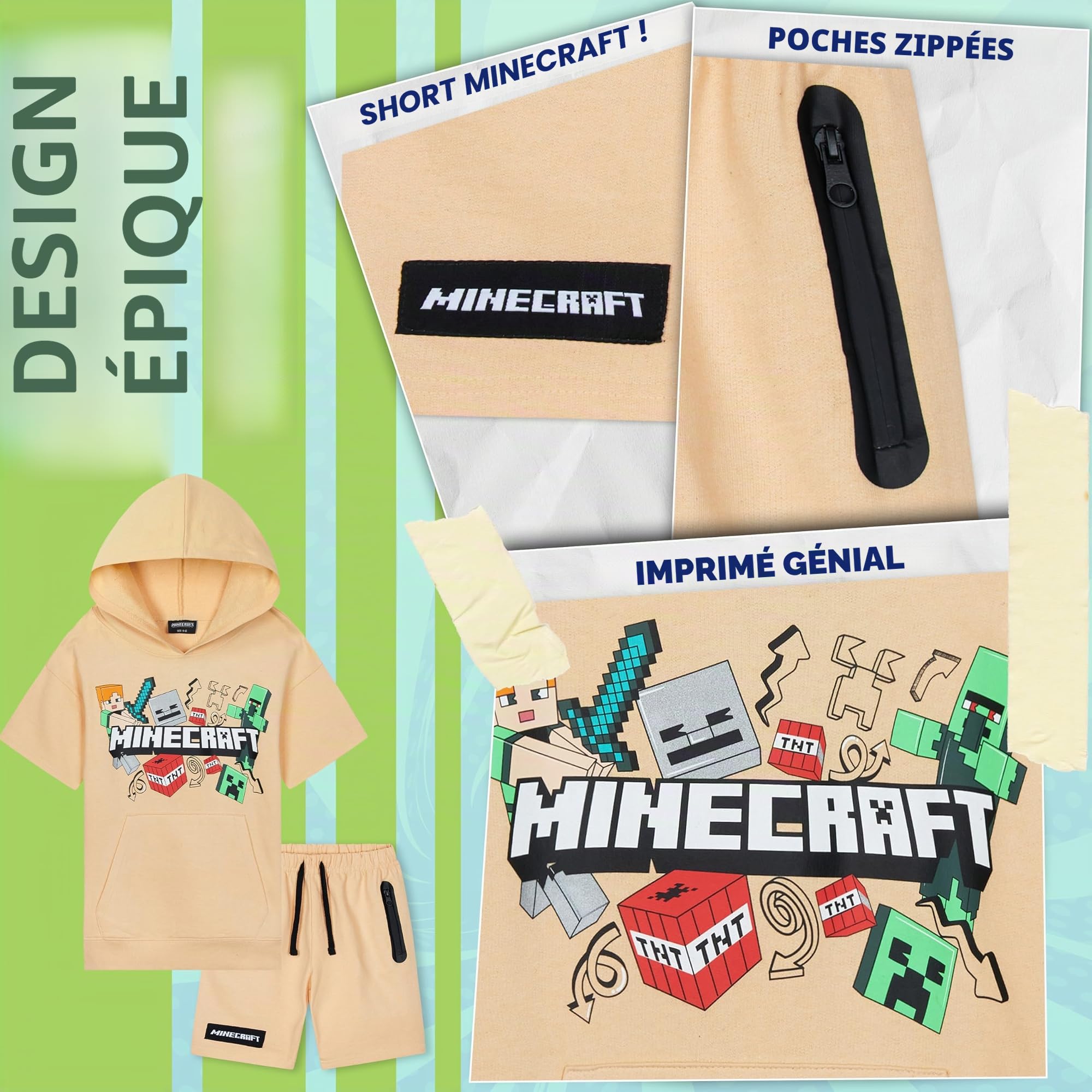 Minecraft Ensemble de survêtement à capuche et short pour garçon 2 pièces Creeper Adolescents Gamer Été Manches courtes Sweat à capuche Poches zippées Sports Casual Activewear