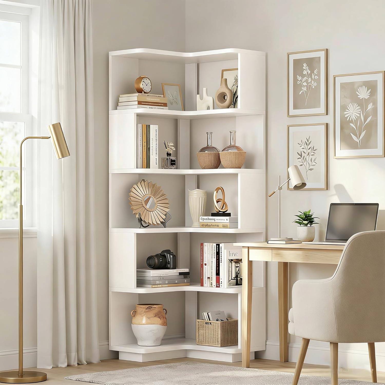 Wooden 5 Tier L-Shaped Corner Bookshelf - 65" Tall Solid Wood Corner Book Shelves for Space Saving, Bookcase Open Display Shelf with Baffle for Home Office, Living Room, Bedroom, Kitchen, Walnut