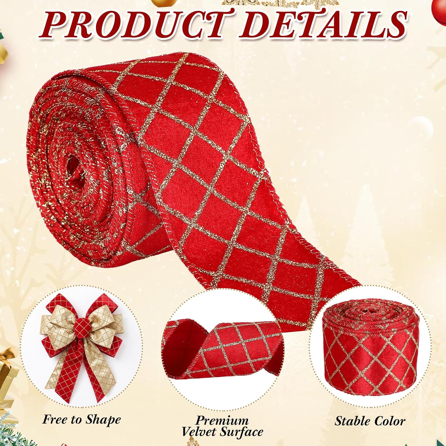 2 Rolls 10 Yards Christmas Velvet Wired Ribbon 2.5" Christmas Ribbon Grid Argyle Ribbons for Xmas Tree Decoration Bow Gift Wrapping Wreath Garland DIY Craft Supplies (Gold,Red)