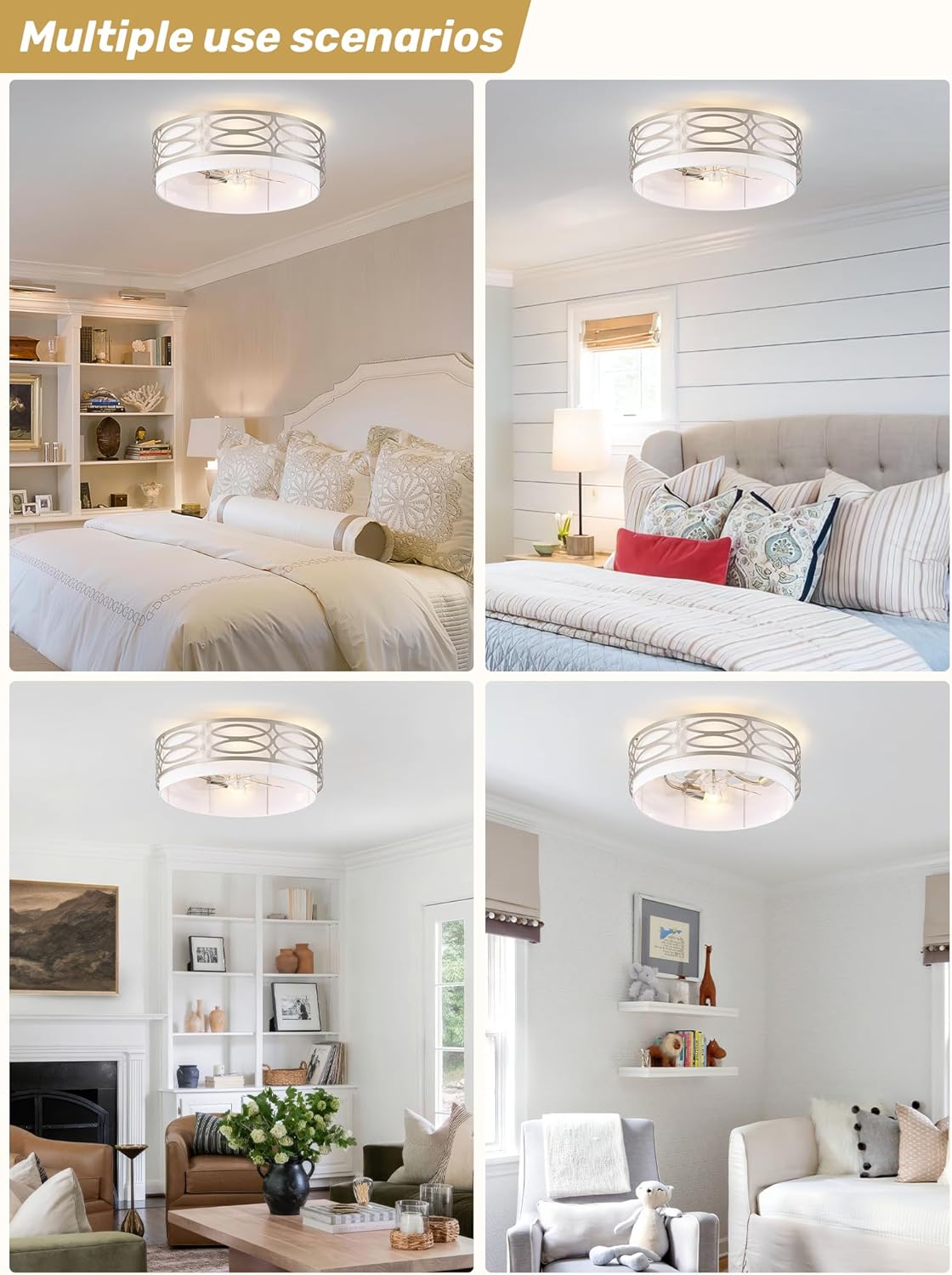20" Silver Flush Mount Ceiling Fan with Light, Caged Boho Ceiling Fan with Lights Remote Control with 6 Speeds for Bedroom, Living Room, Nursery