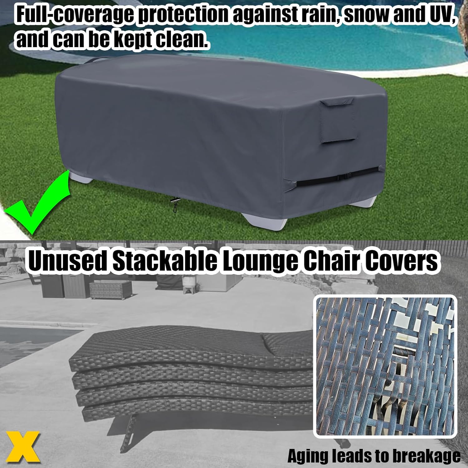 Stackable Chaise Lounge Covers for 2-3 Stackable Patio Lounge Chair, 600D Weather-Resistant Polyester Fabric, Outdoor Furniture Storage Cover for Stackable Lounge Chair - 80"L x 30"W x 20"H, Gray
