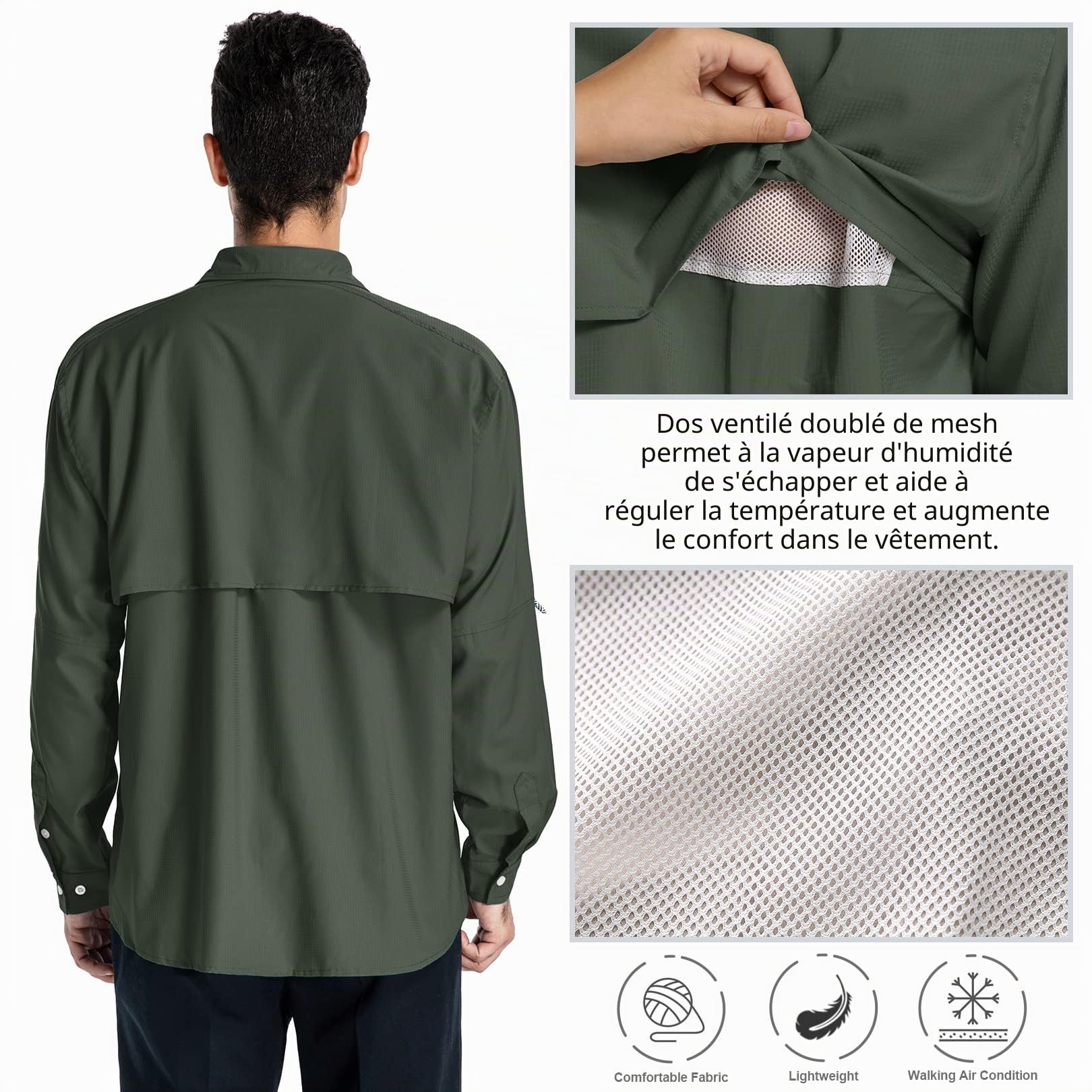 yeyity Chemise de safari à manches longues UPF50, protection UV, respirante, boutonnée, pour randonnée, pêche, trekking, Vert kaki, XXL