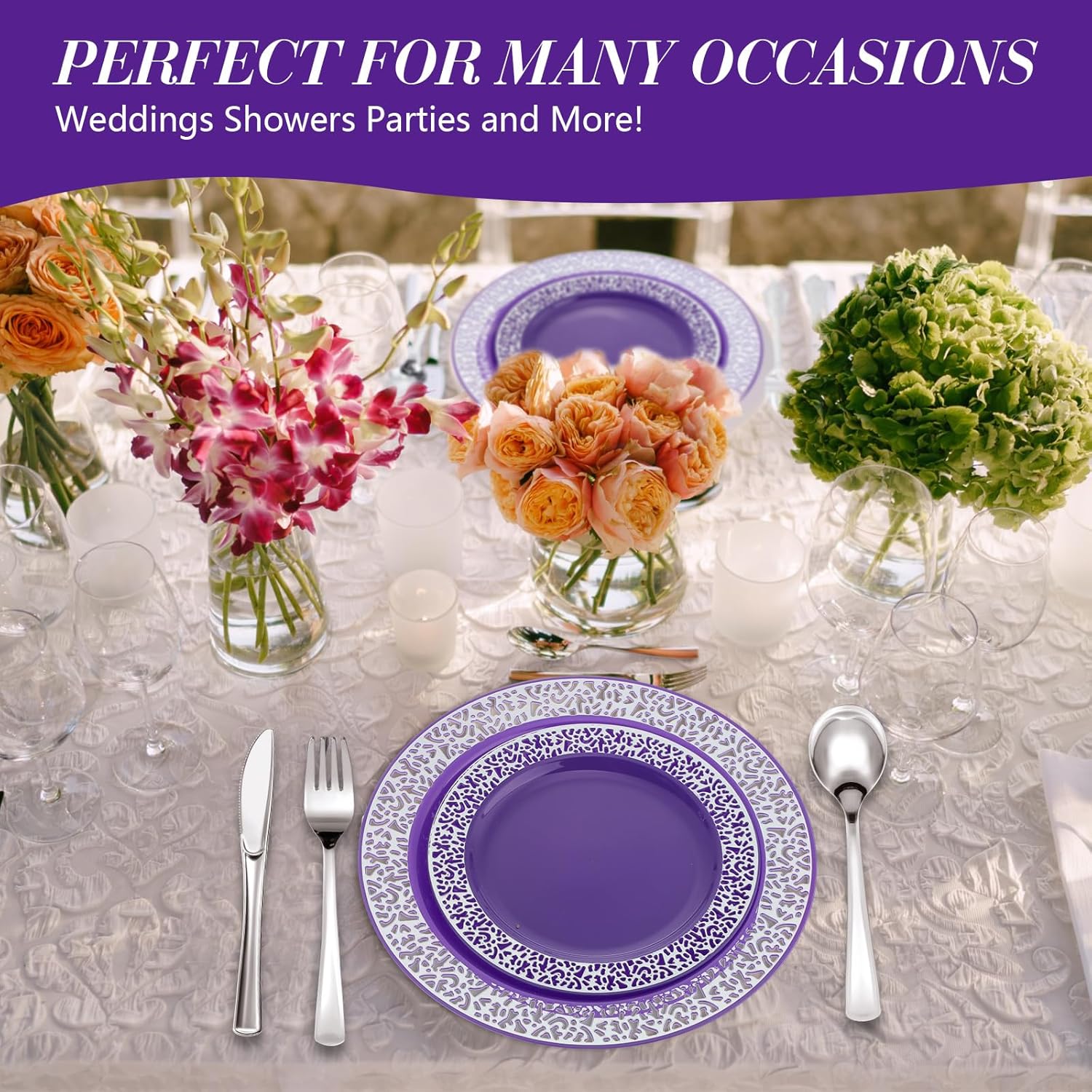 Norme 300 Pieces Disposable Plastic Dinnerware Set, 100 Plastic Plates, 150 Knives, Forks and Spoons with 50 Rimmed Cups for 50 Guests Wedding Party Supplies(Purple Silver)