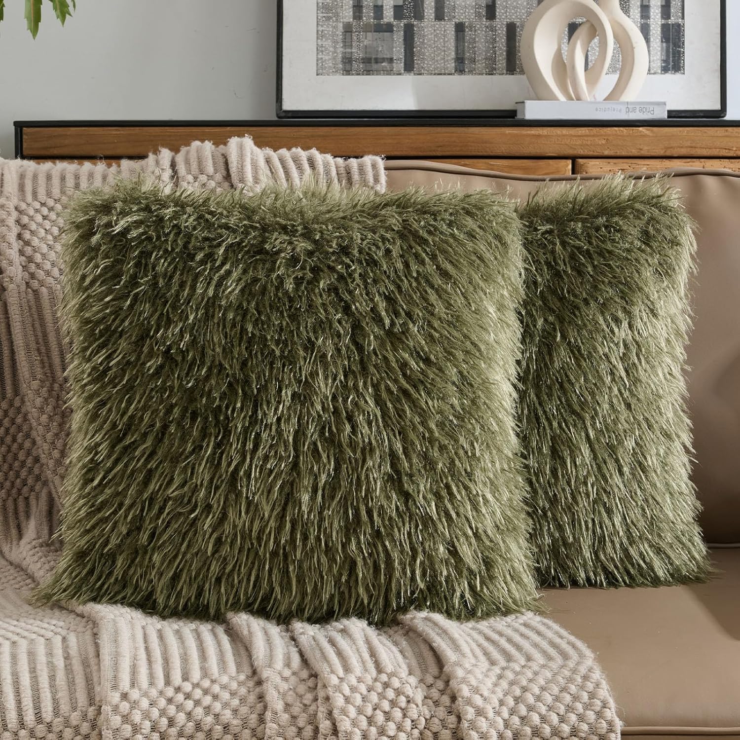 FUTEI Olive Green Decorative Throw Pillow Covers 18x18 Inch Set of 2,Soft Faux Fine Wool Textured Cushion Case,Luxury Home Decor for Couch Bed Living Room