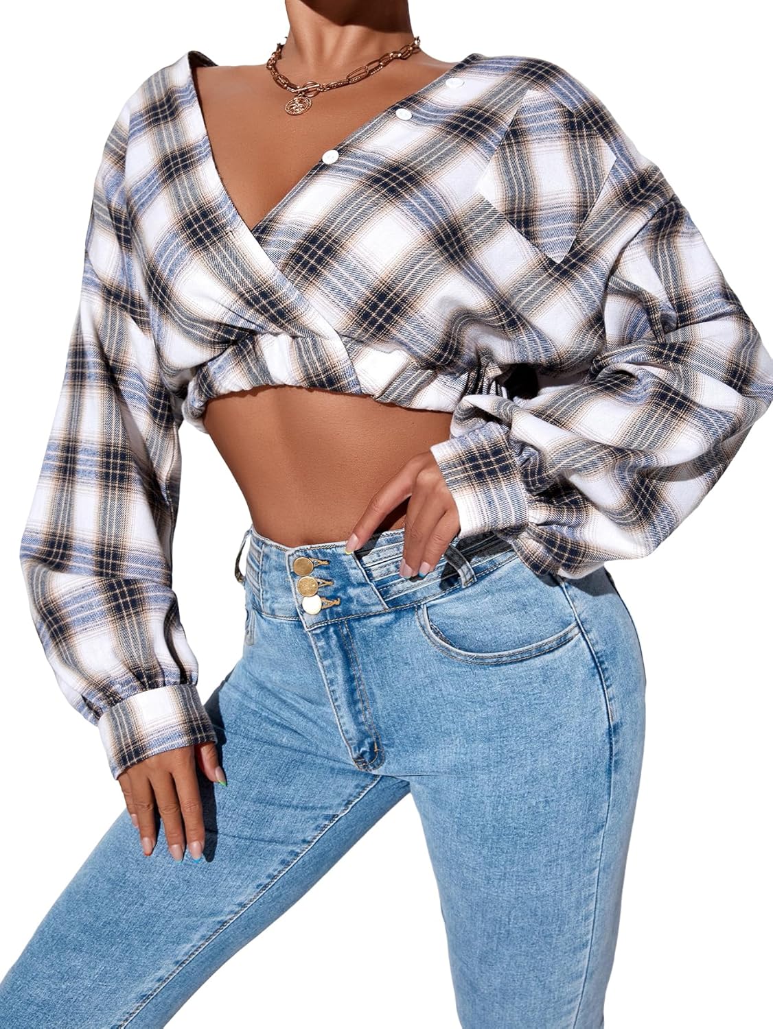 SweatyRocks Women's Plaid Crop V Neck Blouses Wrap Lantern Long Sleeve Shirts Fall Trendy Tops