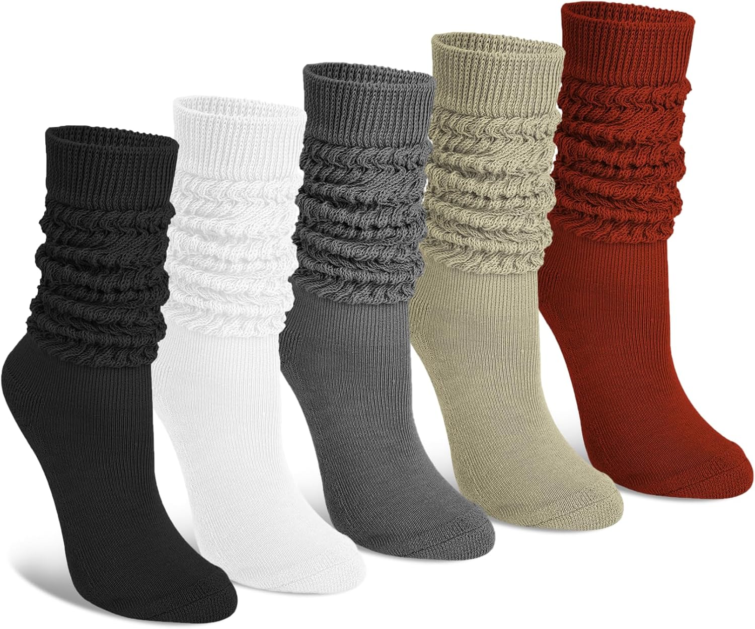 Justay 5 Pairs Slouchy Socks for Women - Knit Cotton Tube Cute Knee High Boot Long Scrunch Slouch Socks Gifts