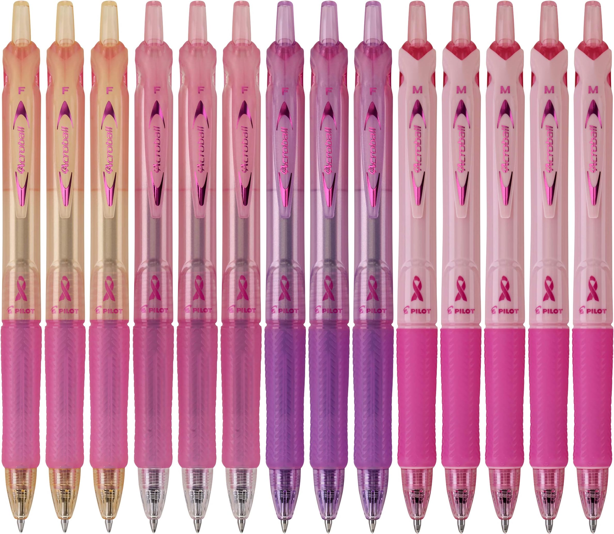 PILOT Acroball Breast Cancer Awareness Collection Advanced Ink Refillable & Retractable Ball Point Pens, Fine Point, Assorted Colors, 14-Pack (14688)