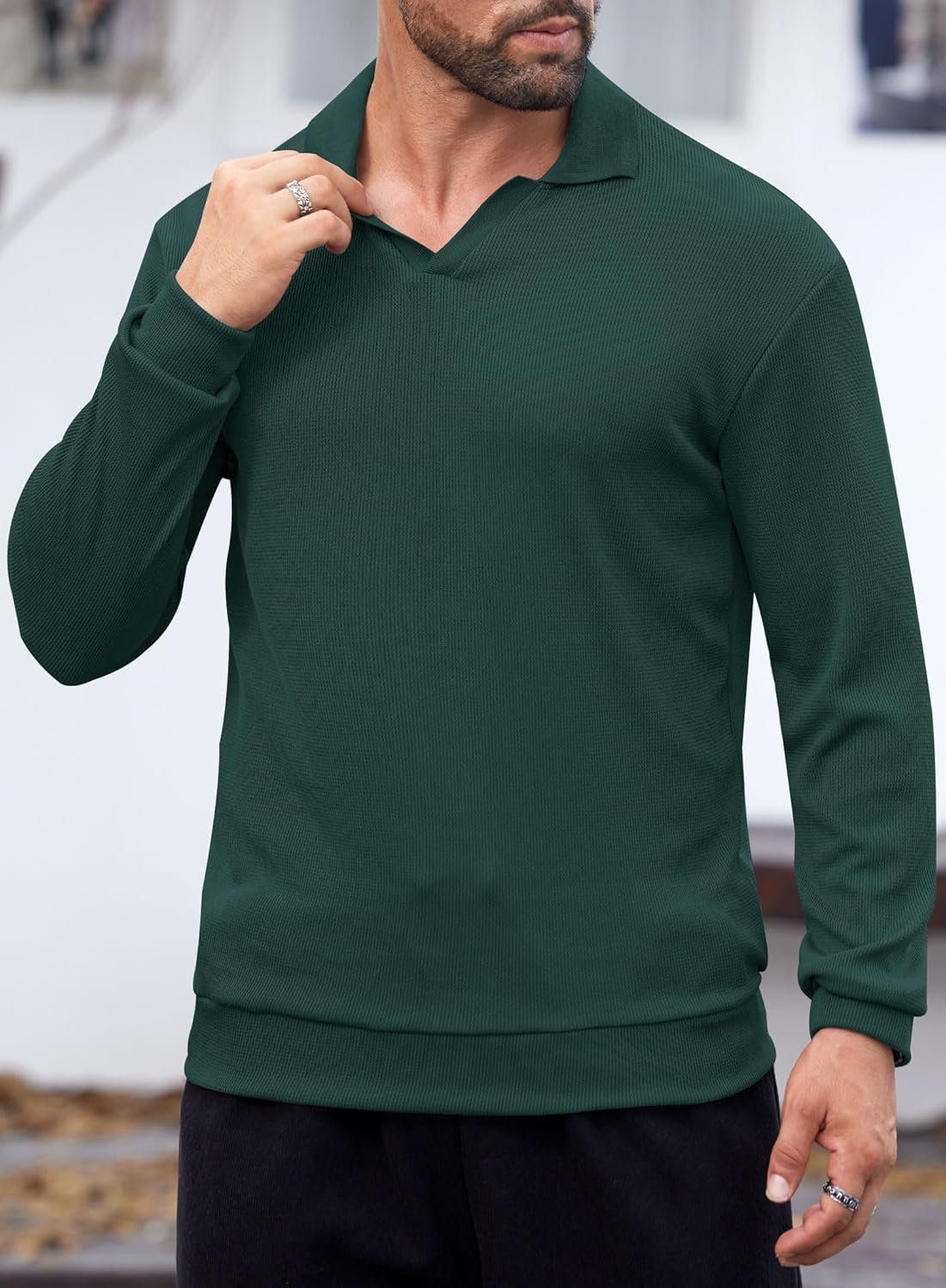 Mens Polo Shirts Long Sleeve V Neck Golf Shirt Casual Solid Color Classic Pullover (S-XXL) - Image 7