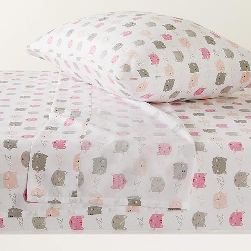 Amazon Basics Kid's Soft, Easy-Wash Microfiber 3-Piece Sheet Set, Twin, Peony Pink Kitties, Animal Print - Pink Kitties - Twin