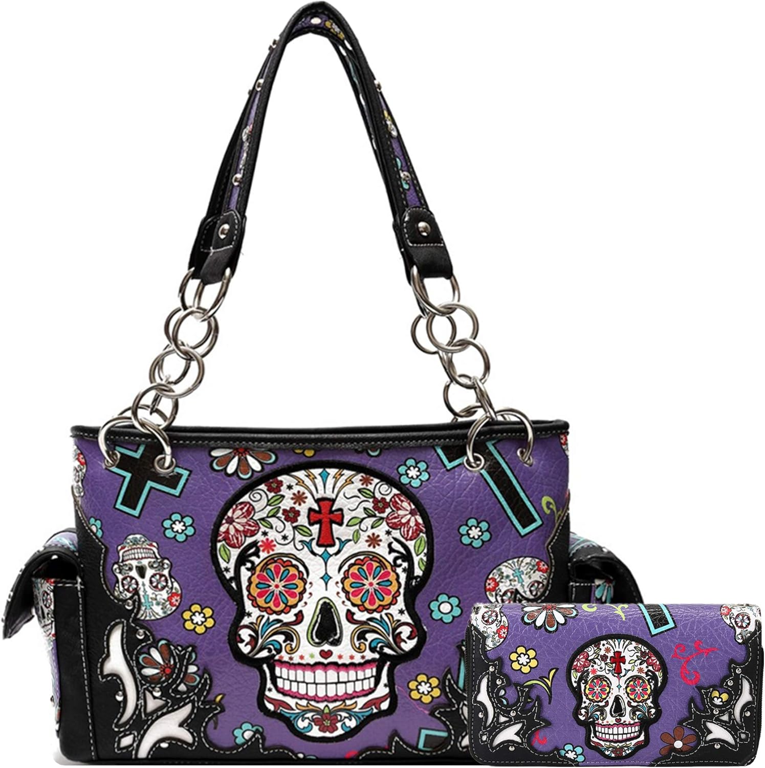 Sugar Skull Rose Flower Day of the Dead Purse Punk Gothic Totes Women Fashion Handb...