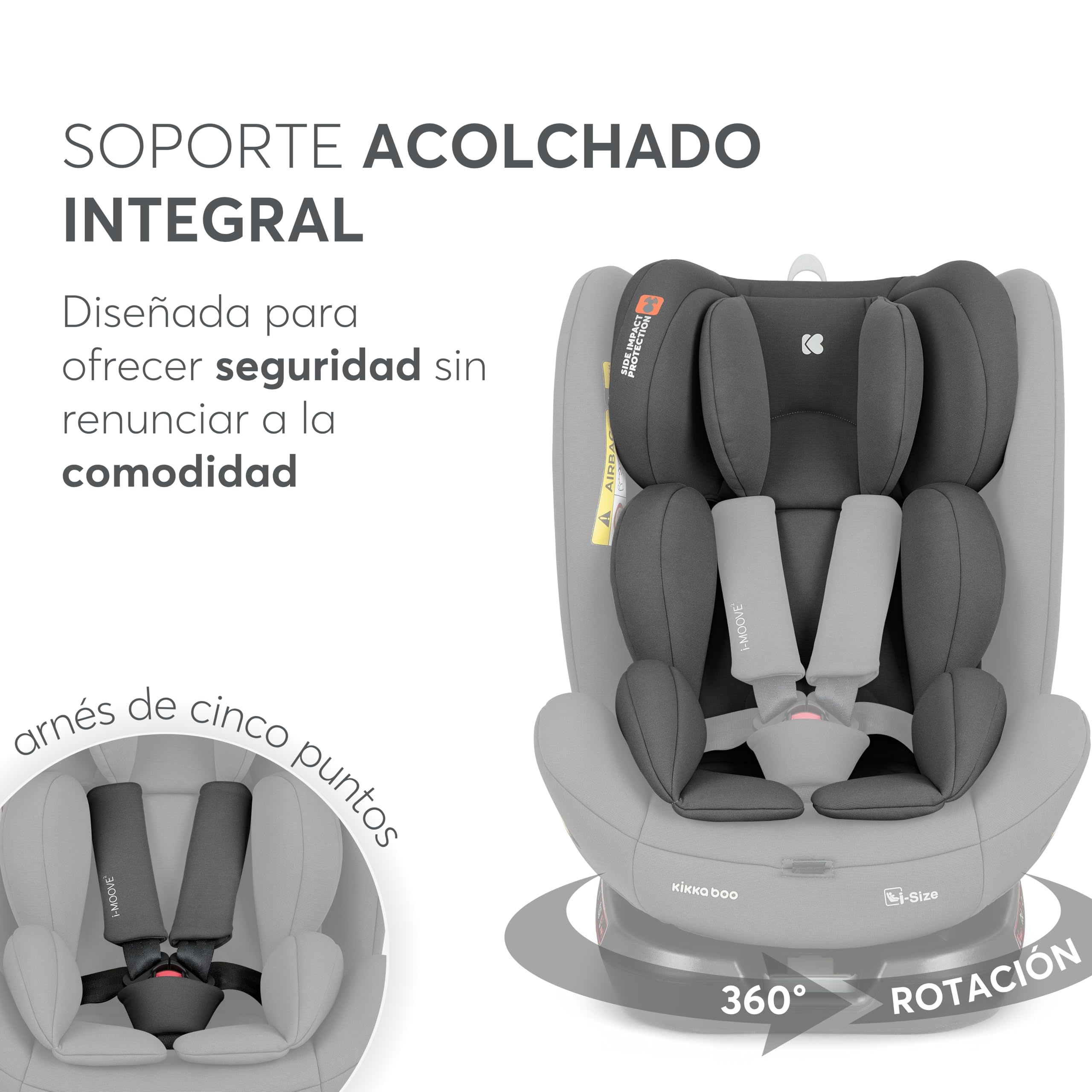 KikkaBoo Silla Coche Bebé Grupo 0 1 2 3 i-MOOVE 2, i-Size 40–150 cm con ISOFIX, 360° Giro, Reclinable, Reposacabezas Ajustable, Gris oscuro
