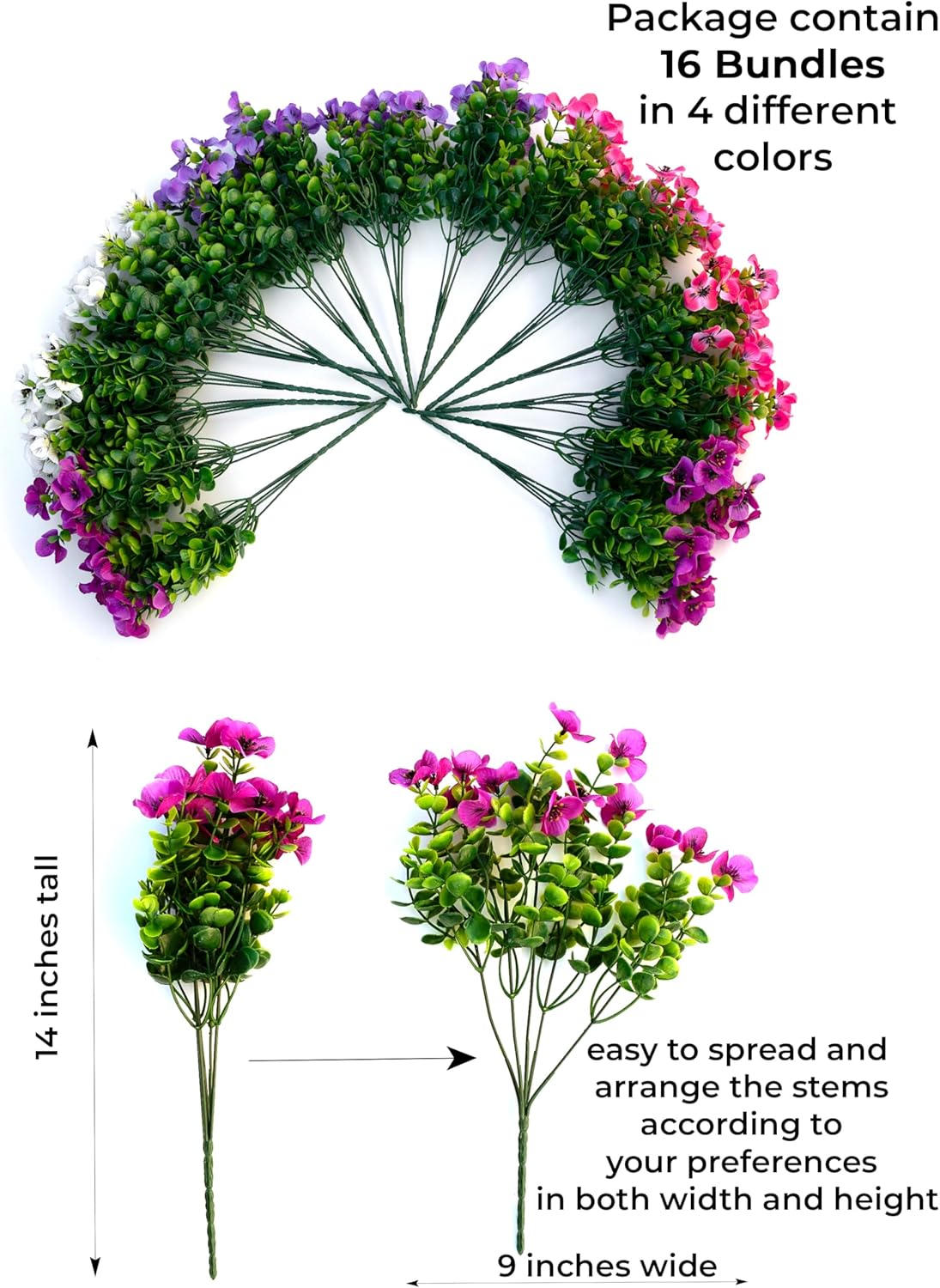 Artificial Flowers Outdoor Shrubs - 16 Bundles Fake Plants UV Resistant No Fade Faux Plastic Greenery Home Garden Porch Patio Decoration (1, Multi 16-4) - Image 2