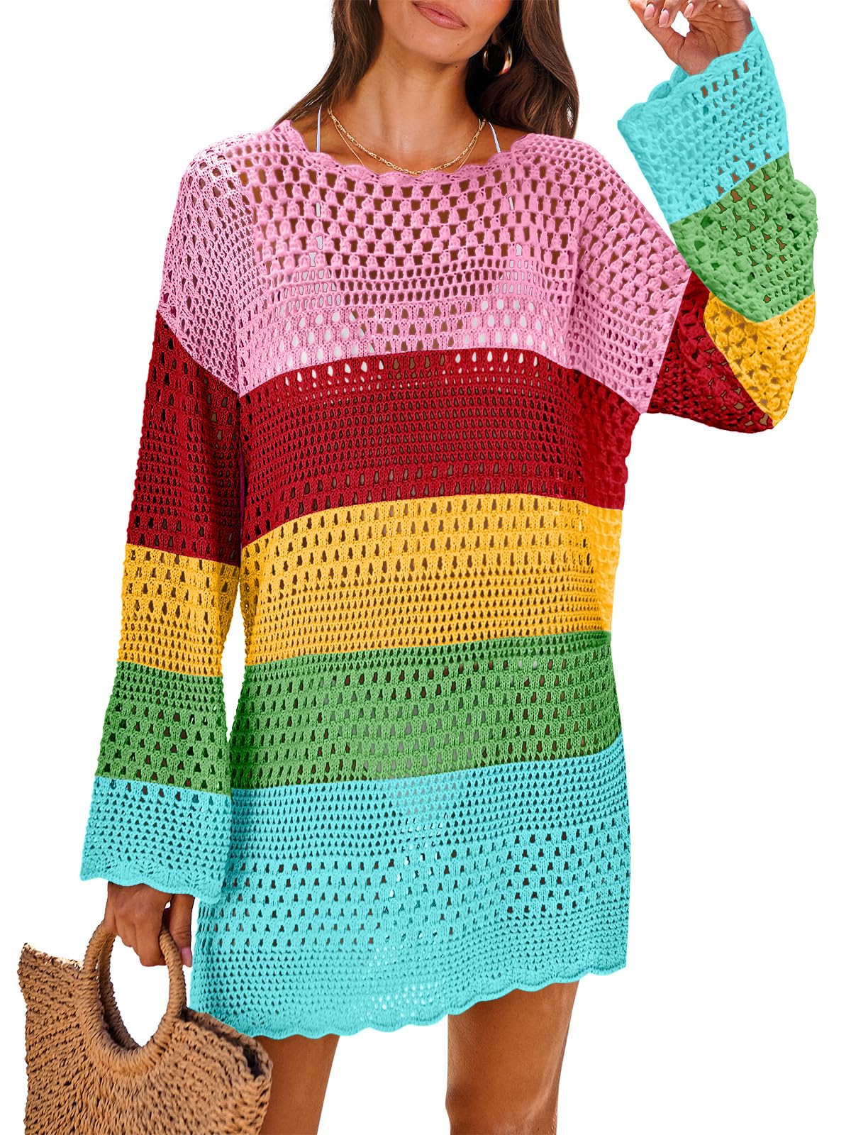 ANRABESS Women Swimsuit Cover Up Beach Crochet Bathing Suit Mini Dress