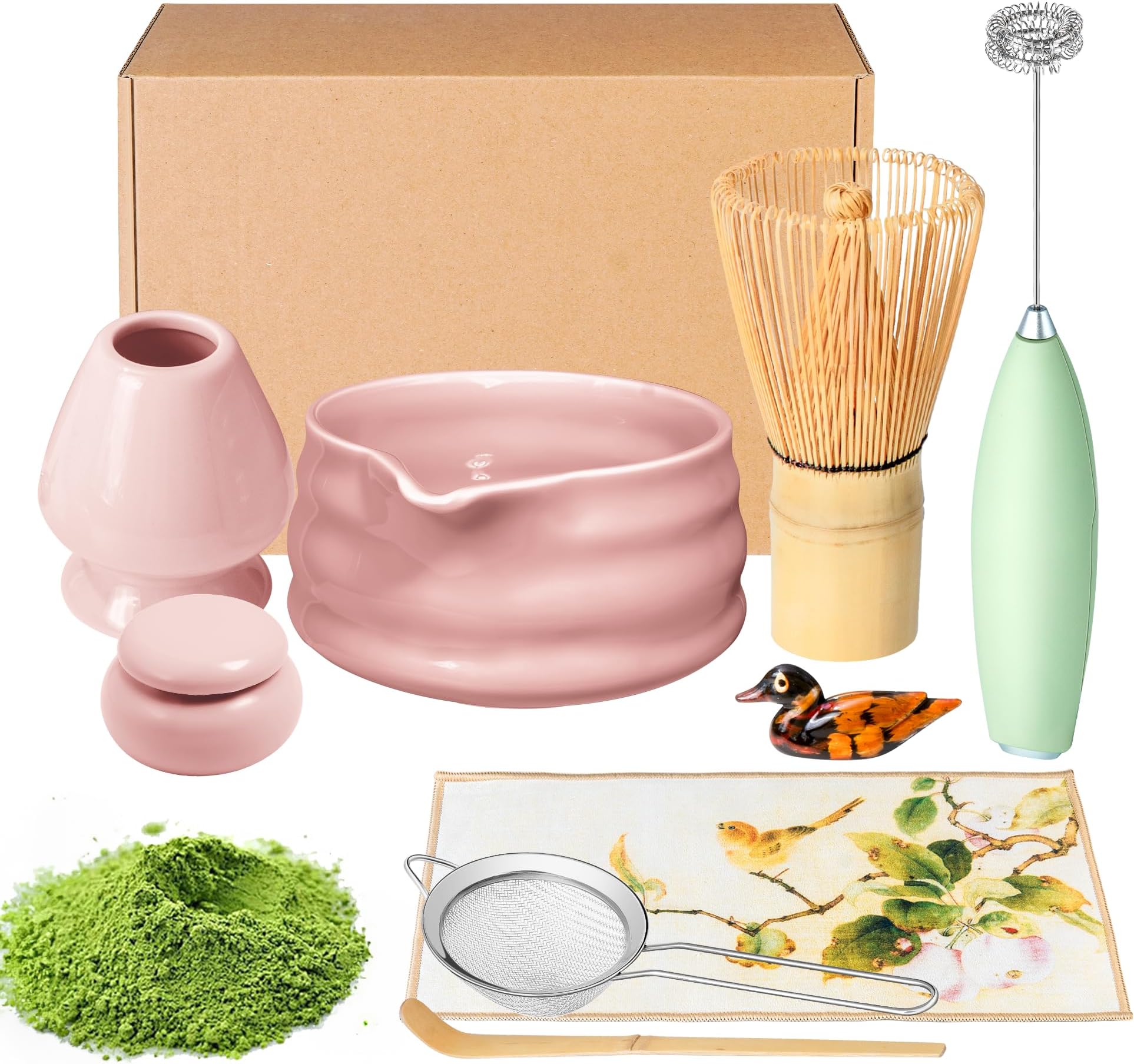 Matcha Whisk Set and Bowl, Matcha Making Kit Whisk, Bowl With Spout, Sifter, Ceramic Whisk Holder, Spoon Japanese Tea Powder Starter Tools For Ceremony Gift (Pink, 9 Pack)