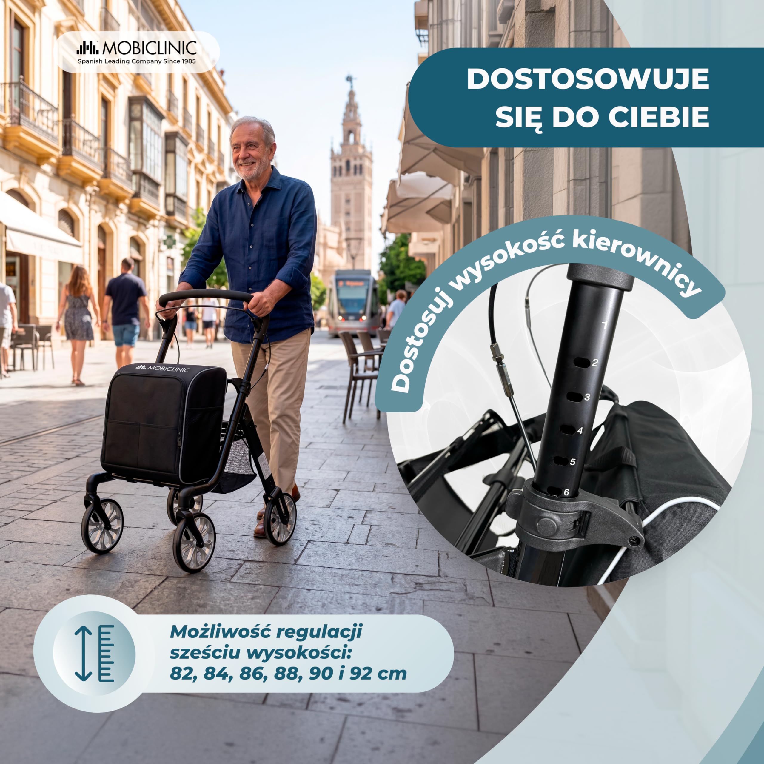 Mobiclinic®, Składany Chodzik + Wózek na Zakupy, 2 w 1, Hamulec Postojowy, Regulacja w 6 Pozycjach Wysokości, Jednouchwytowy, Kosz i Wyjmowana Torba XXL, Kółka Obrotowe 360º, Aluminium, Formen