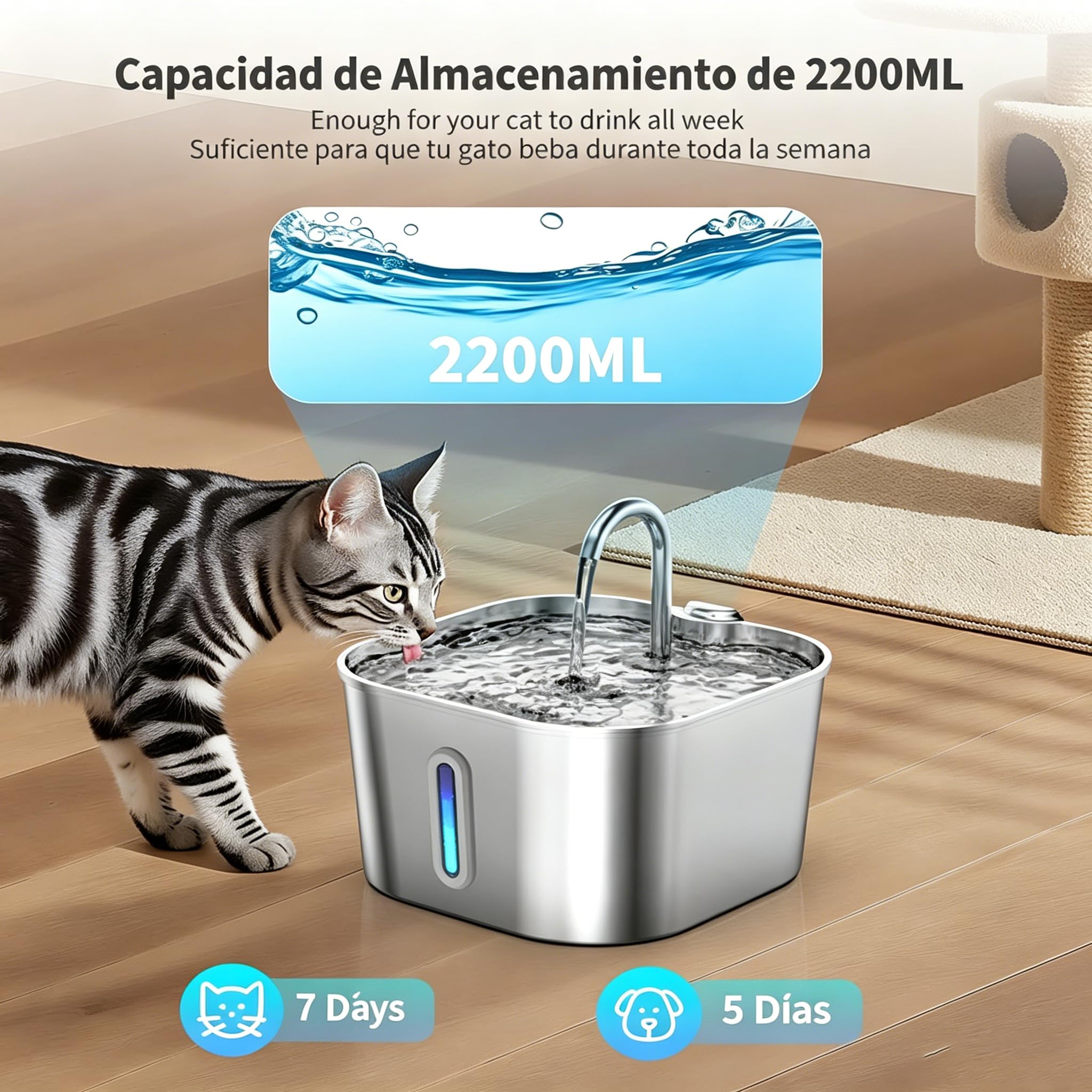 Catvitalis Fuente de Agua Gatos, Bebedero para Gatos de Acero Inoxidable 304 con Filtración Triple y Flujo Atractivo para Prevenir Deshidratación