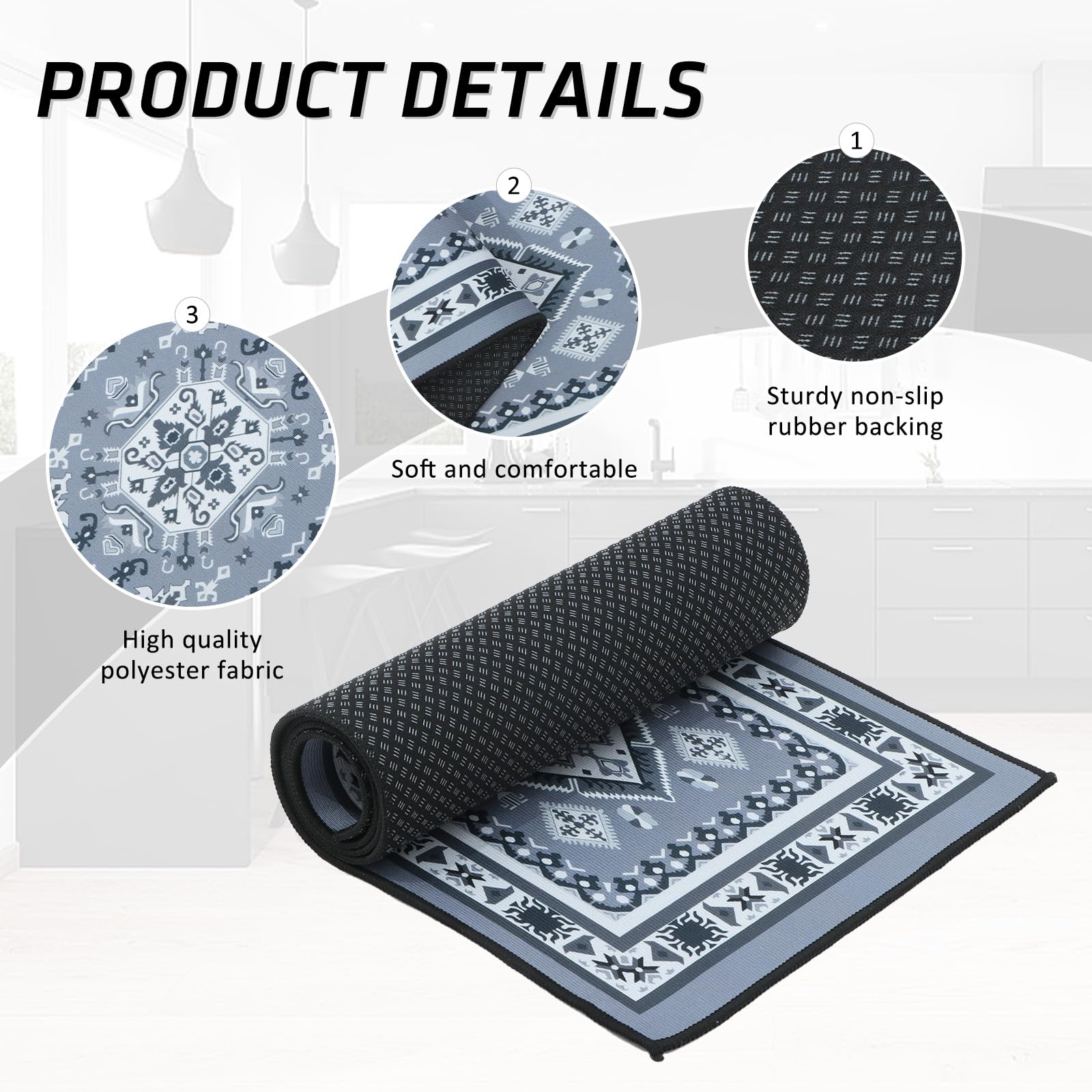 Set Di 2 Tappetini Da Cucina Antiscivolo In Microfibra - 43x75cm + 43x150cm, Design Rombi Moderno