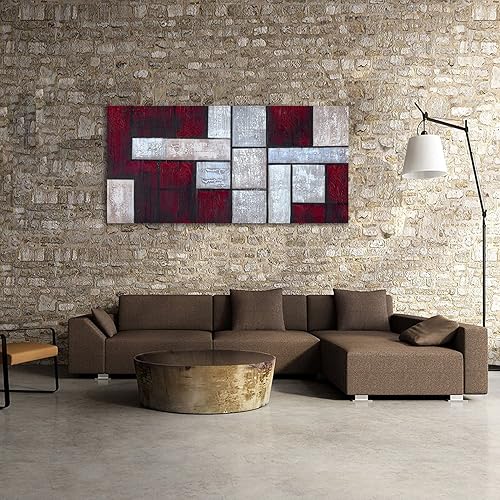 Miniatura 5 de Lienzo de cuadros abstractos grandes pintados a mano, pintura al óleo moderna de color rojo oscuro, obra de arte con textura pesada para sala de