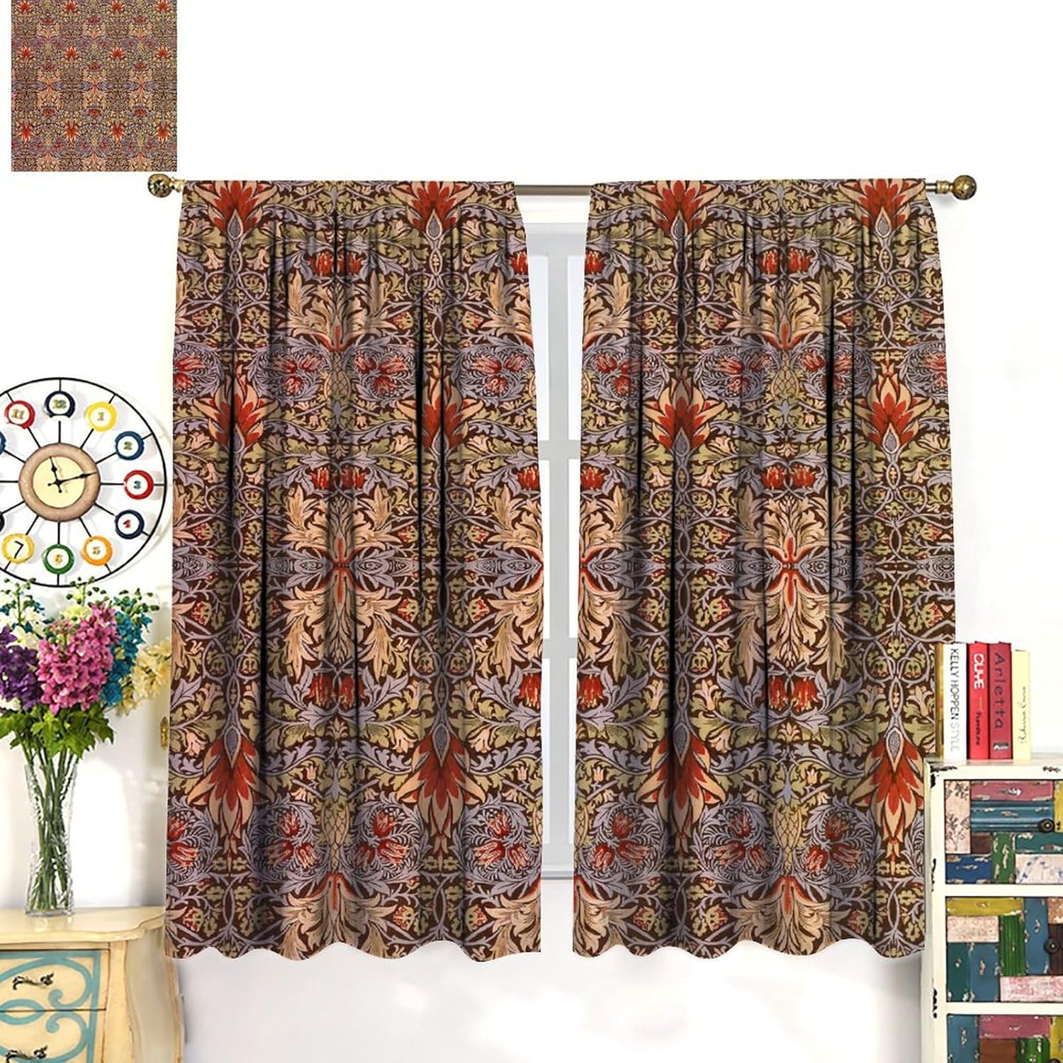 Vintage Floral Curtains, William Morris Flower Original Design Printed Rustic Bohemian, Blackout Curtains for Bedroom Living Room 21" W x 45" L X2