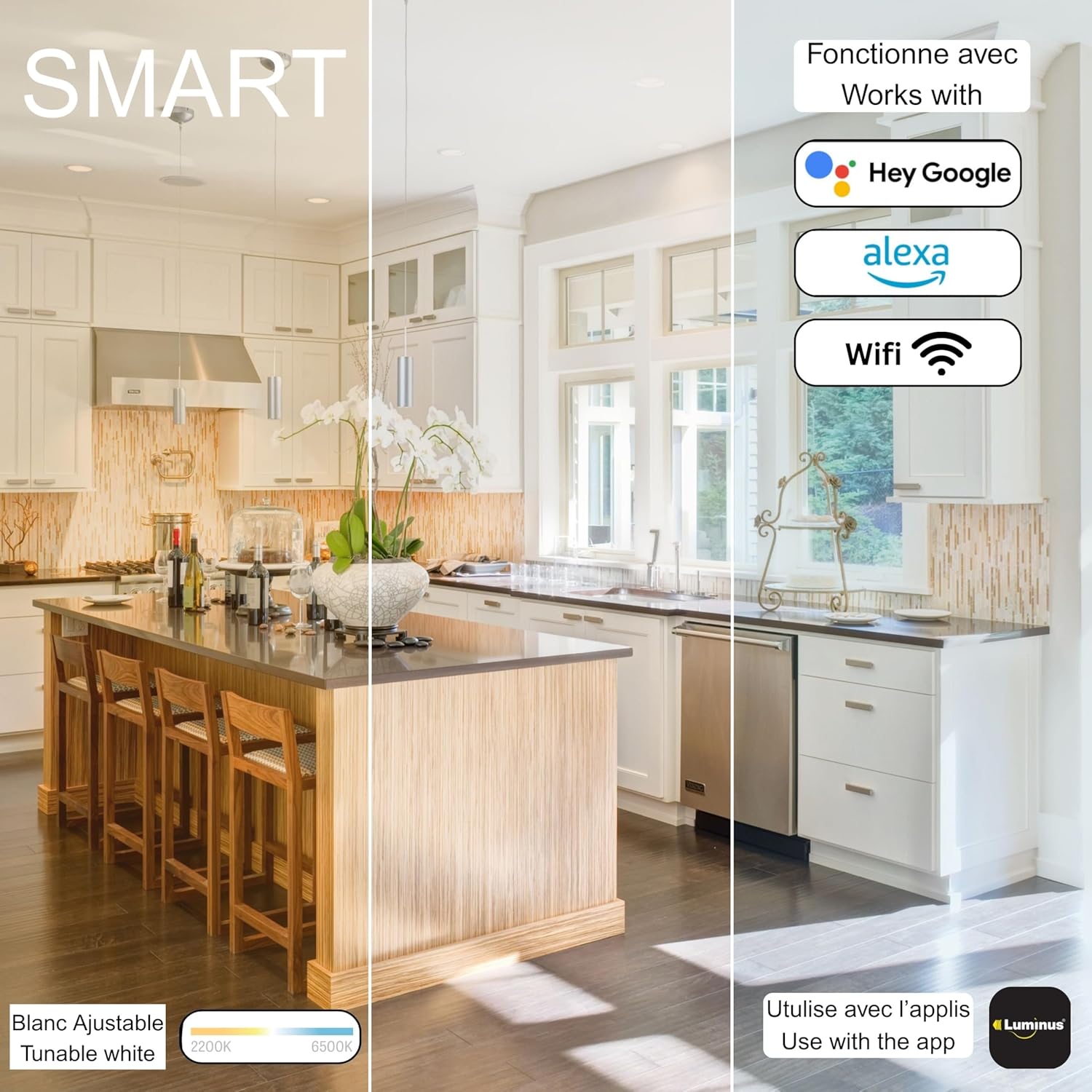 Kitchen scene demonstrating tunable white light from 2200K (warm) to 6500K (cool) provided by Luminus Smart B11 LED Bulbs.
