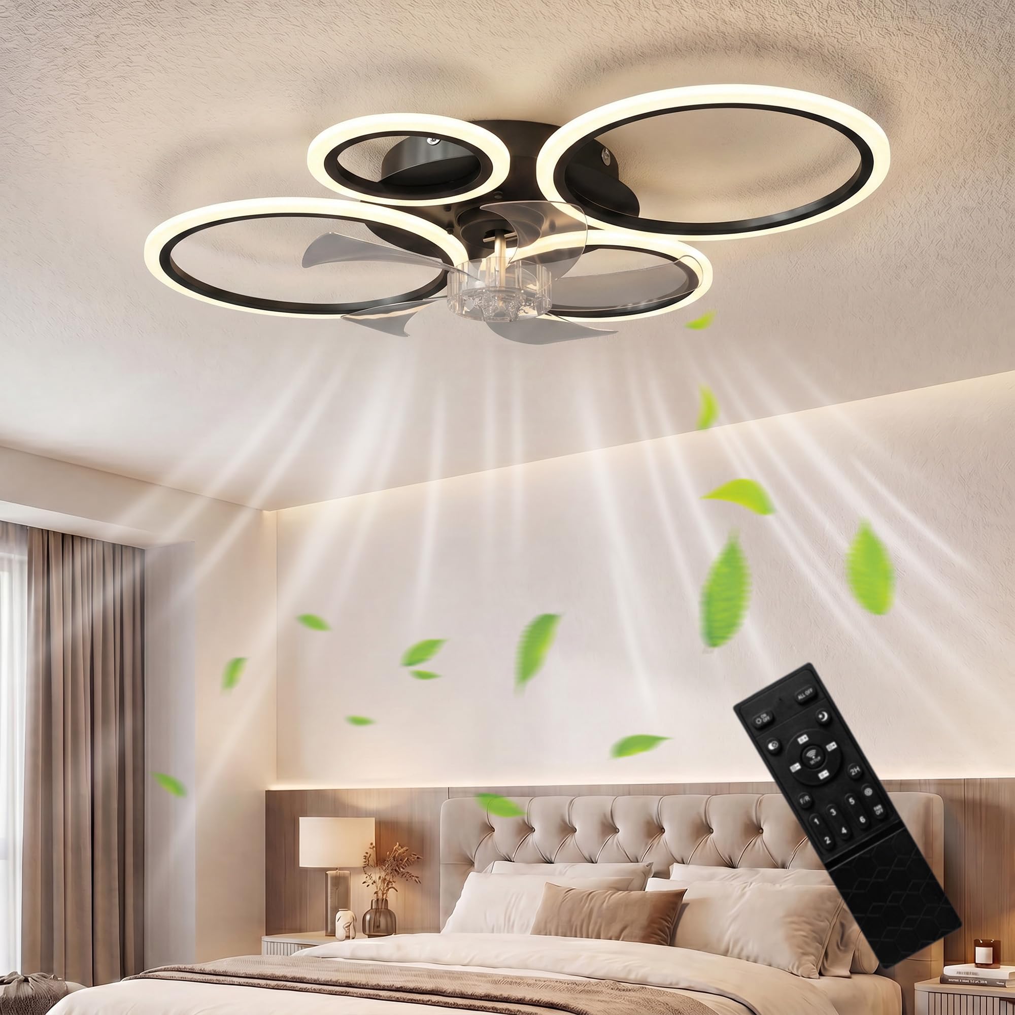HOMCOM LED Deckenleuchte mit Ventilator 77 cm mit Fernbedienung Schwarz | Leise Deckenventilator mit Beleuchtung, 6 Geschwindigkeiten, 3 Farbtemperaturen, DC Motor, Timer, für Wohnzimmer