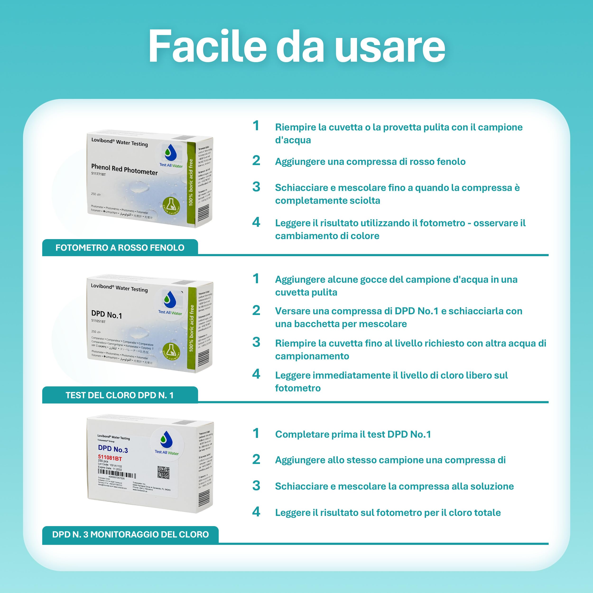 Lovibond Reagenti per test di qualità dell'acqua – DPD No.1, DPD No.3 e compresse rosso fenolo | 3 confezioni da 250 | Test cloro e pH per piscine, vasche idromassaggio, acquari, stagni, spa e altro |