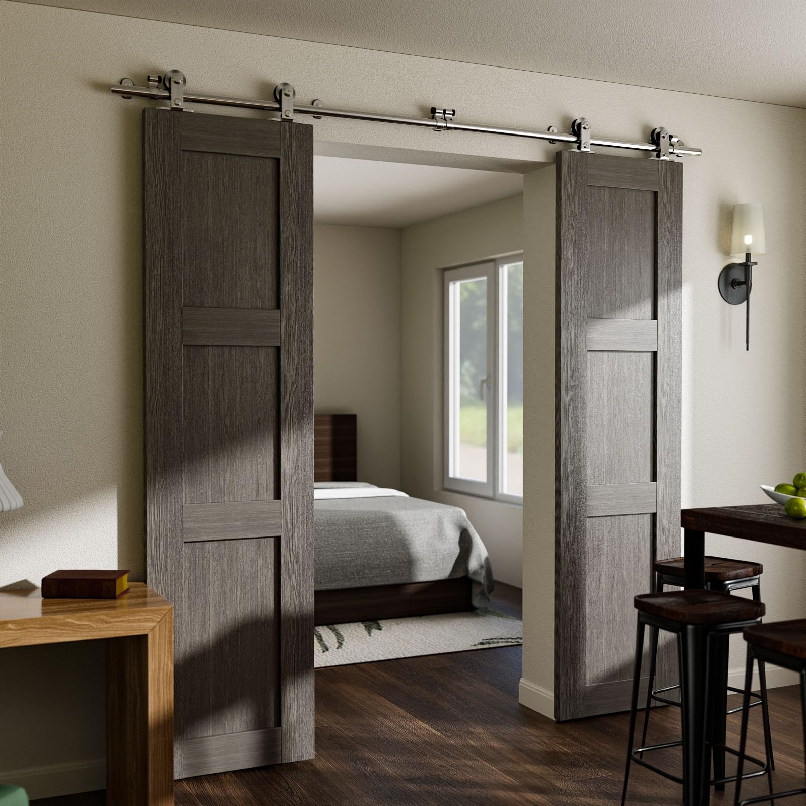8FT/2.43M Acciaio Inossidabile Kit Accessori per Porta Scorrevole in Legno, Ferramenta Porta Scorrevole Per Doppia Porta