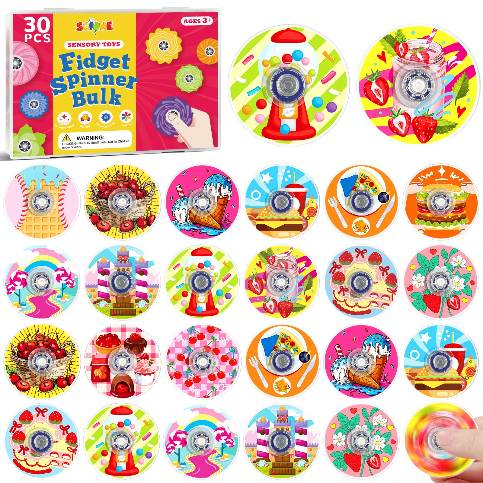 SCIONE 30 Pack Mini Fidget Spinners Dessert Party Bag Fillers Toys for Kids