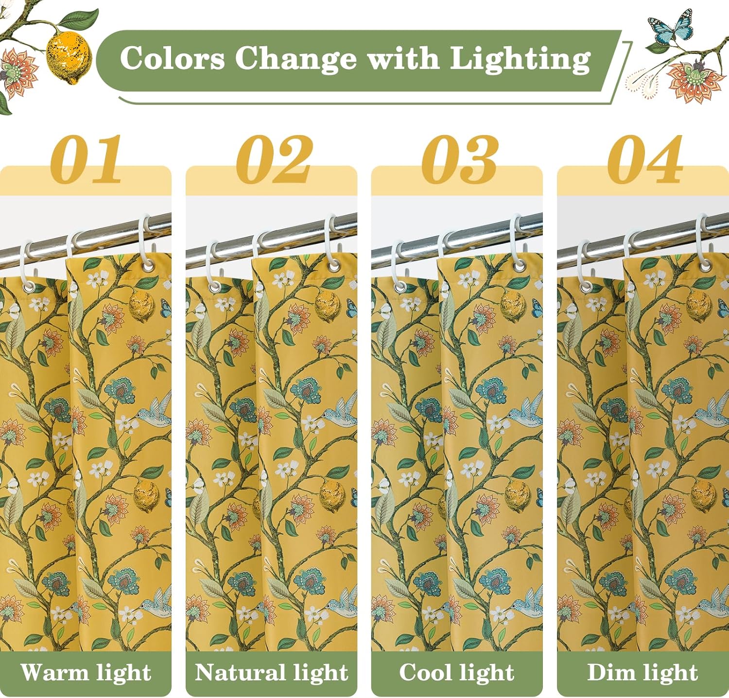 Yellow Floral Bird Shower Curtain, Hummingbird Jungle Botanical Shower Curtains 72x78, Victorian Vintage Farmhouse Chic French Country Style