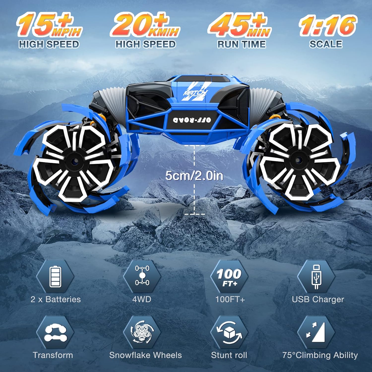 Powerextra Remote Control Car Toys, 4WD Monster Truck [Waterproof & Transform] 1/16 Explosive Wheel Stunt Car Double Sided Flip Off-Road Vehicle, 2 Batteries 45+ Mins Play Car Gift for Kids Boys Girls