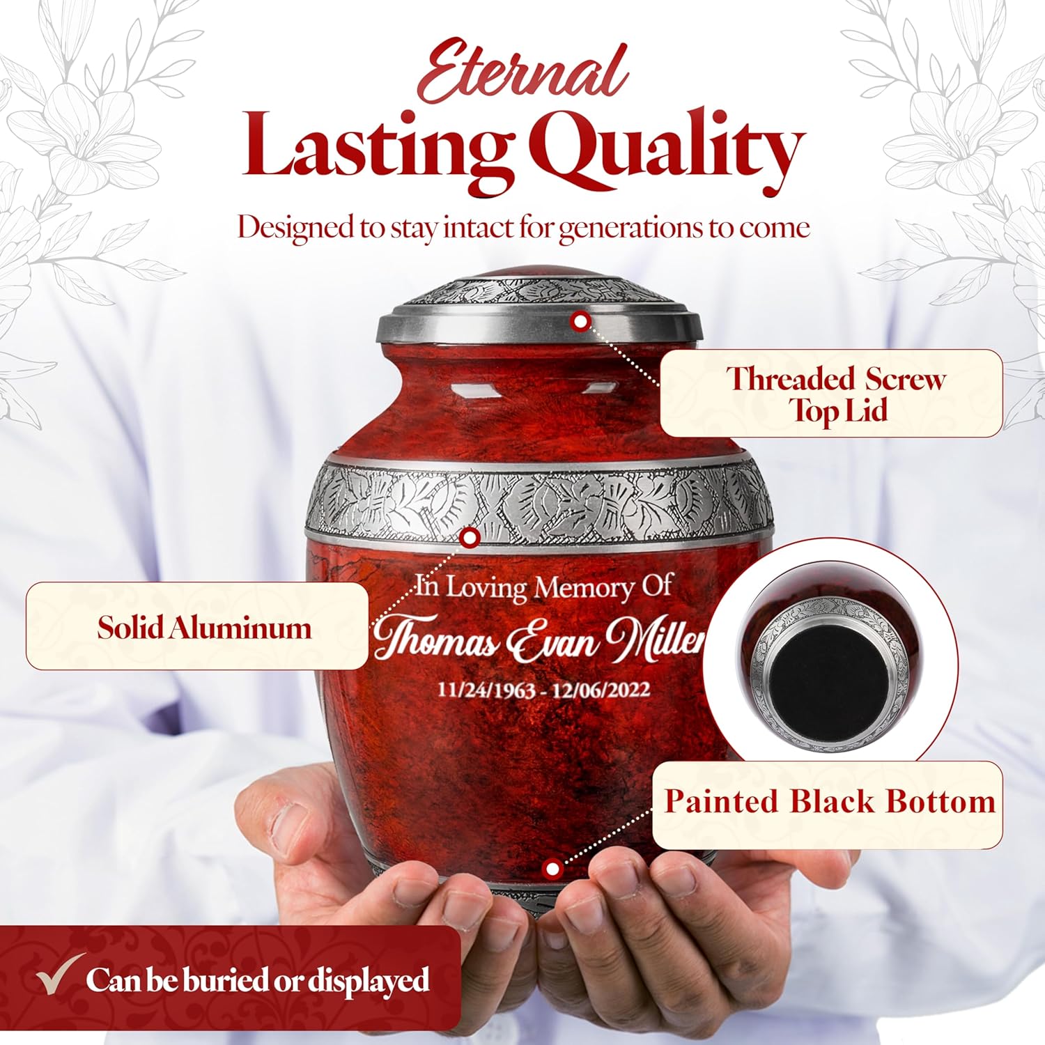 Personalized Cremation Urn for Adult Human Ashes - Custom Engraved Name Large Handcrafted Funeral Memorial with Striking Design (Aluminum - 10 Inch Height x 7 Inch Width) (Red)