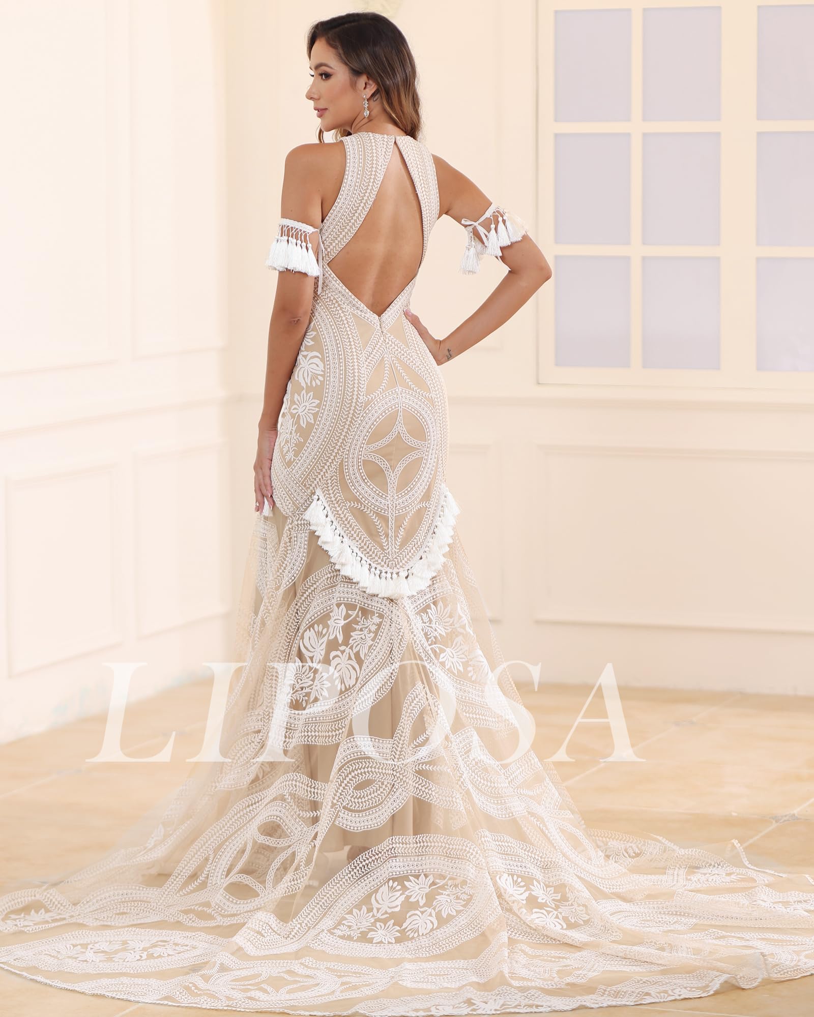 LIPOSA Romantic Ivory Lace Wedding Dresses for Brides V Neck Backless Cap Sleeves Sheath Boho Bridal Gown for Bride