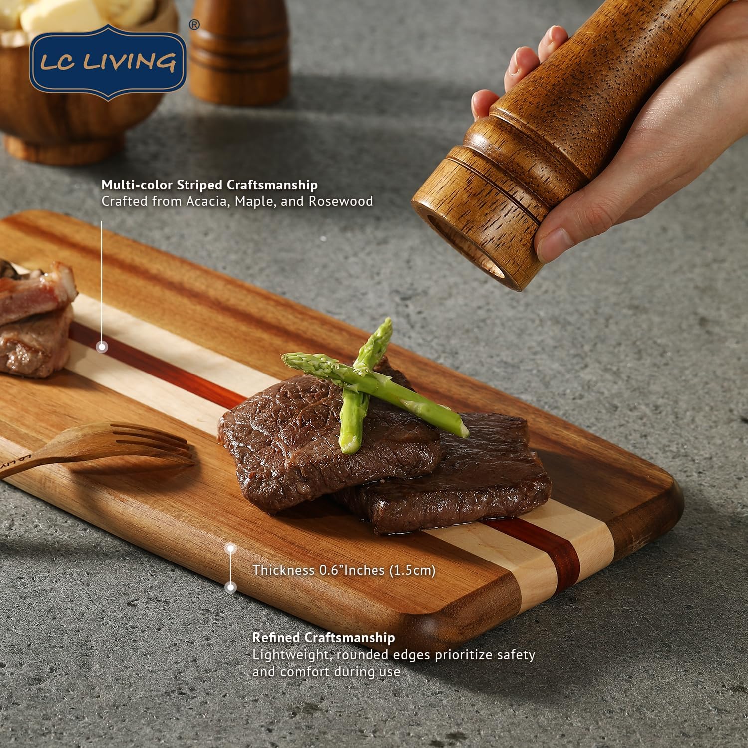 Thai Acacia Wood KUDI Series Lightweight Cutting Board, best for chopping serving board, dish, kitchen deco, cheese, meat, bread, veggies & fruits, Circle/Rectangle (MPP8409)