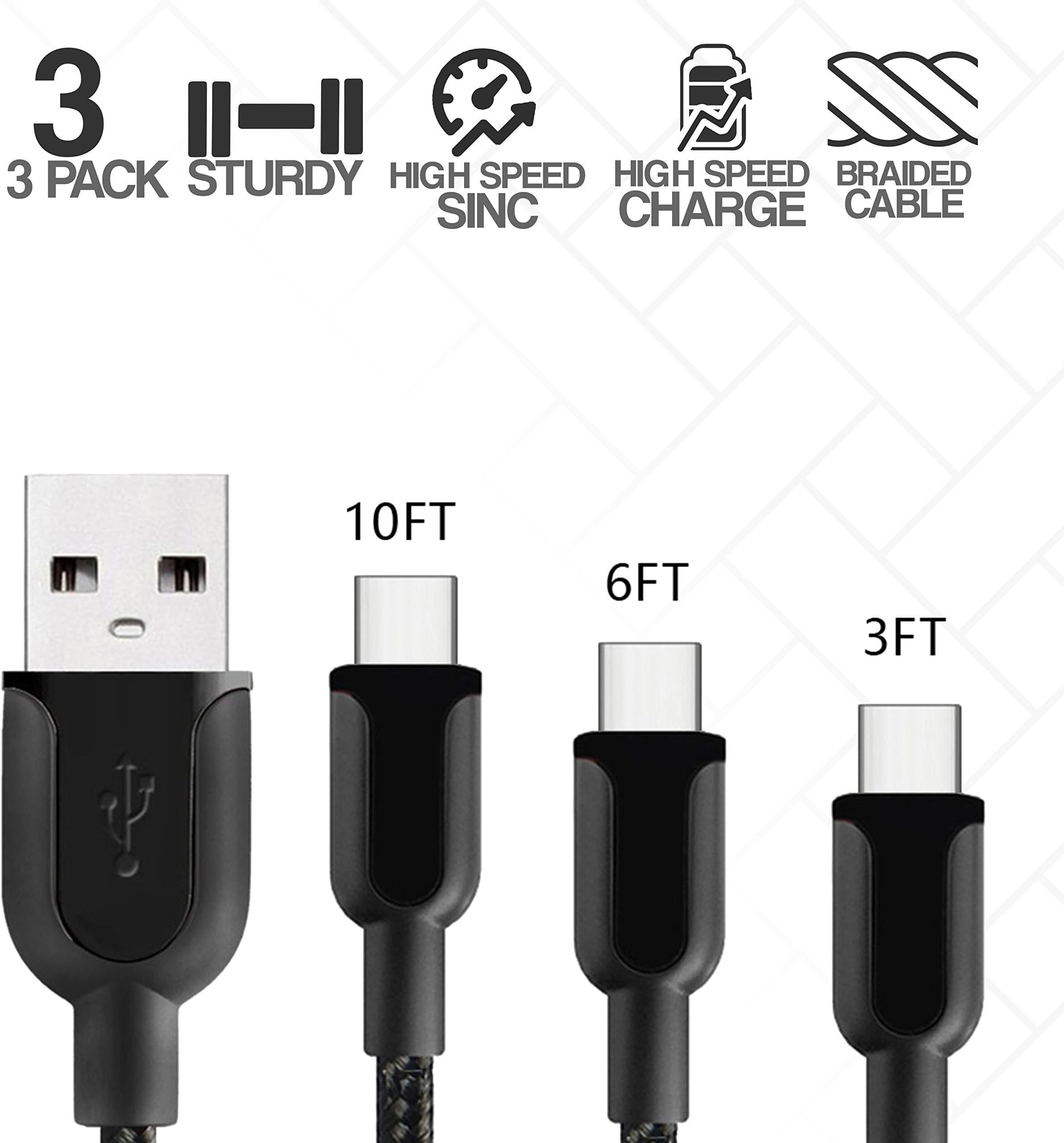 Klaz USB Type C Cables (3-Pack) Fast Charging and Data Syncing Cords | 3Ft, 6Ft, 10Ft | Nylon Braided, Kink & Tangle Free | Android Smartphones, Tablets, Nintendo (Black)