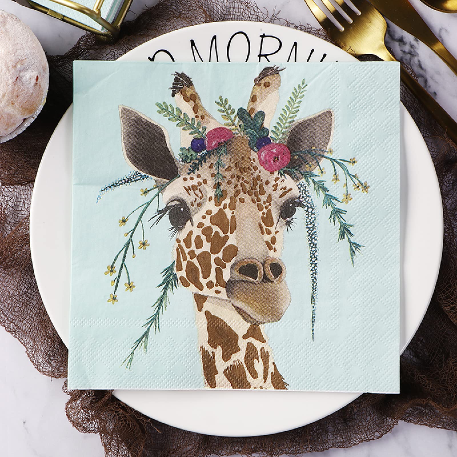 Ldygrunzhy 100-Pack Decorative Napkins,Cute Green Leaf Giraffe Character Animal,2Ply Disposable Paper Party Napkins Serviettes 33Cmx33Cm Ideal For Decoupage Crafting For Bridal Shower,Tea195