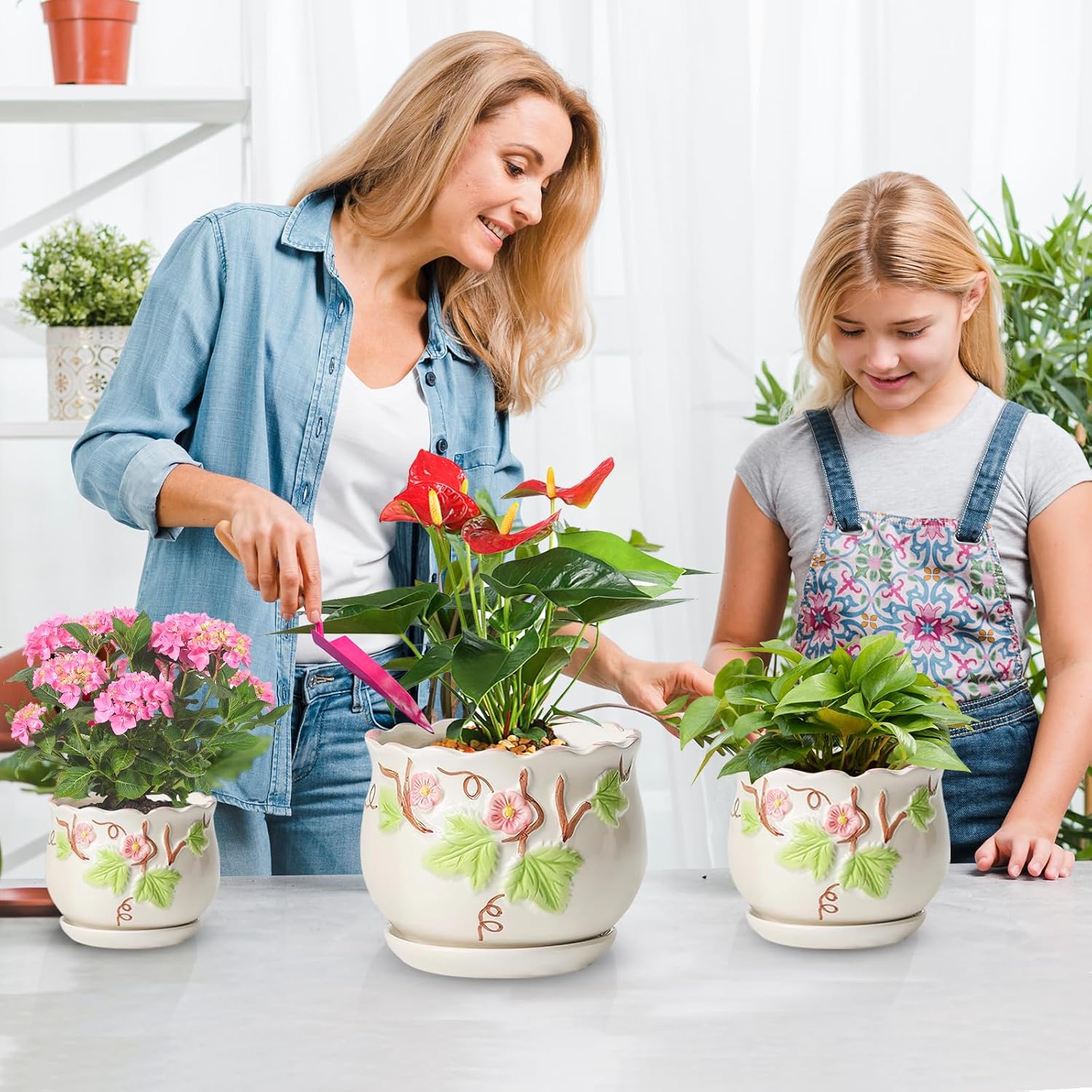 3 Piece Ceramic Plant Pots with Drainage Hole and Saucer,6.7/5.1/3.9inch,Modern Decorative Planters for Indoor Plants,Round Flower Pot for Succulents,Herb Snake Plants(White)