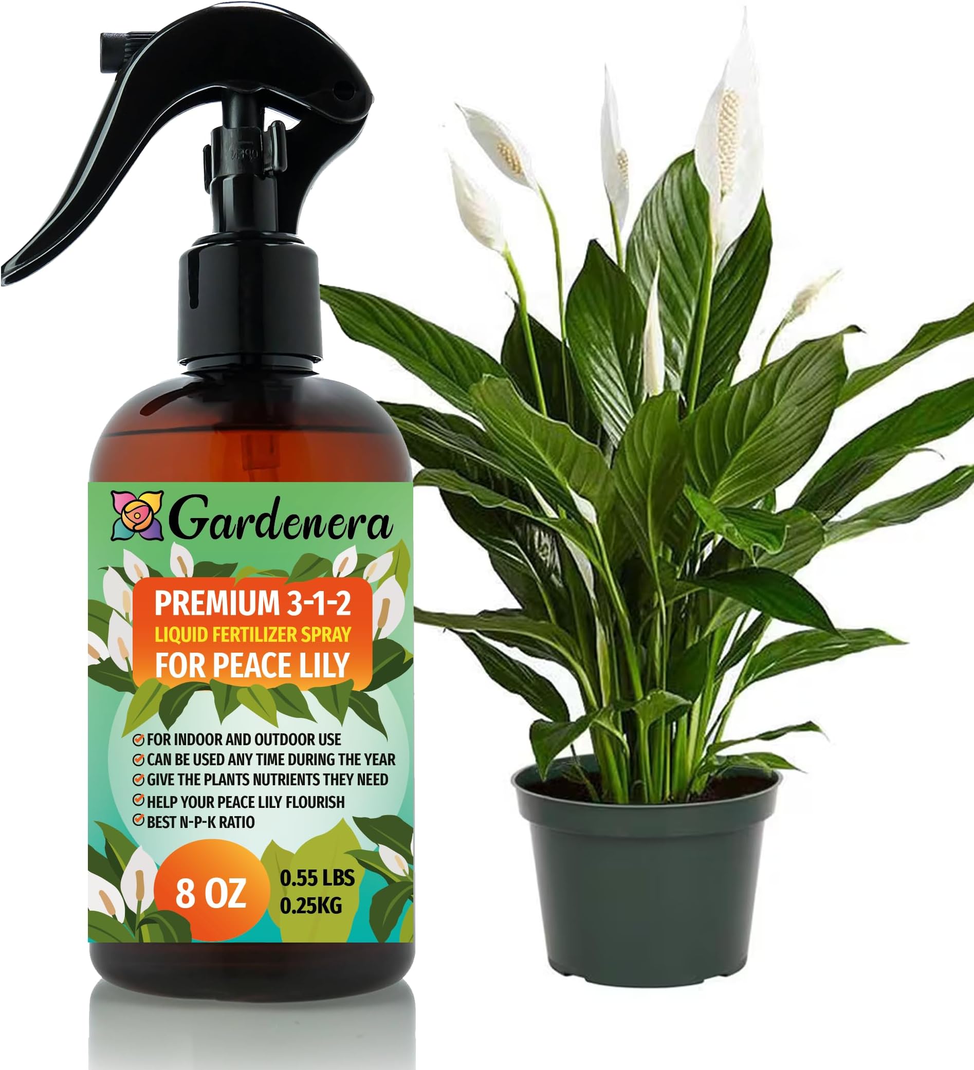 Gardenera Proffesional Peace Lily Spray Fertilizer Mist for Home Gardening | 3-1-2 Gentle Blend Mist for Healthy Leaves & Growth | Essential Nutrients for Peace Lily - 8oz