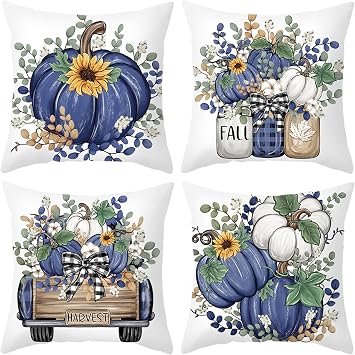 Fall Pillow Covers 18x18 Set of 4 Velvet Pillow Cover Pumpkin Floral Decorative Pillow Case White Blue Indoor Outdoor Home Decor for Couch Bed Living Room