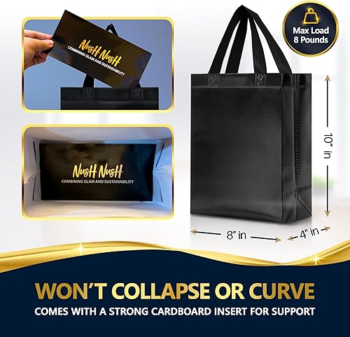 Miniatura 5 de Nush Nush Bolsas de regalo negras de tamaño mediano Juego de 12 bolsas de regalo reutilizables negras brillantes con asas Ideal como bolsas de