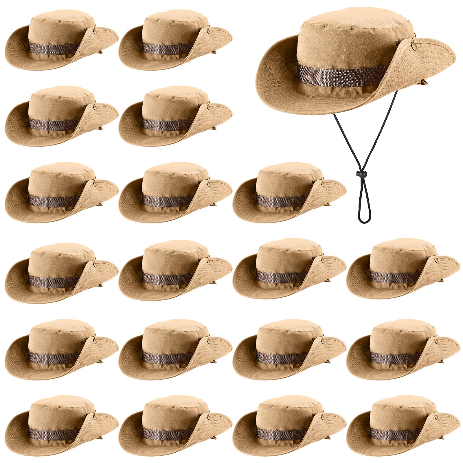 Xtinmee 20 Pcs Boonie Hat Bulk Wide Brim Bucket Hat Safari Hats Outdoor Sun Hats for Hiking Camping with Adjustable Strap, Dark Khaki, One size