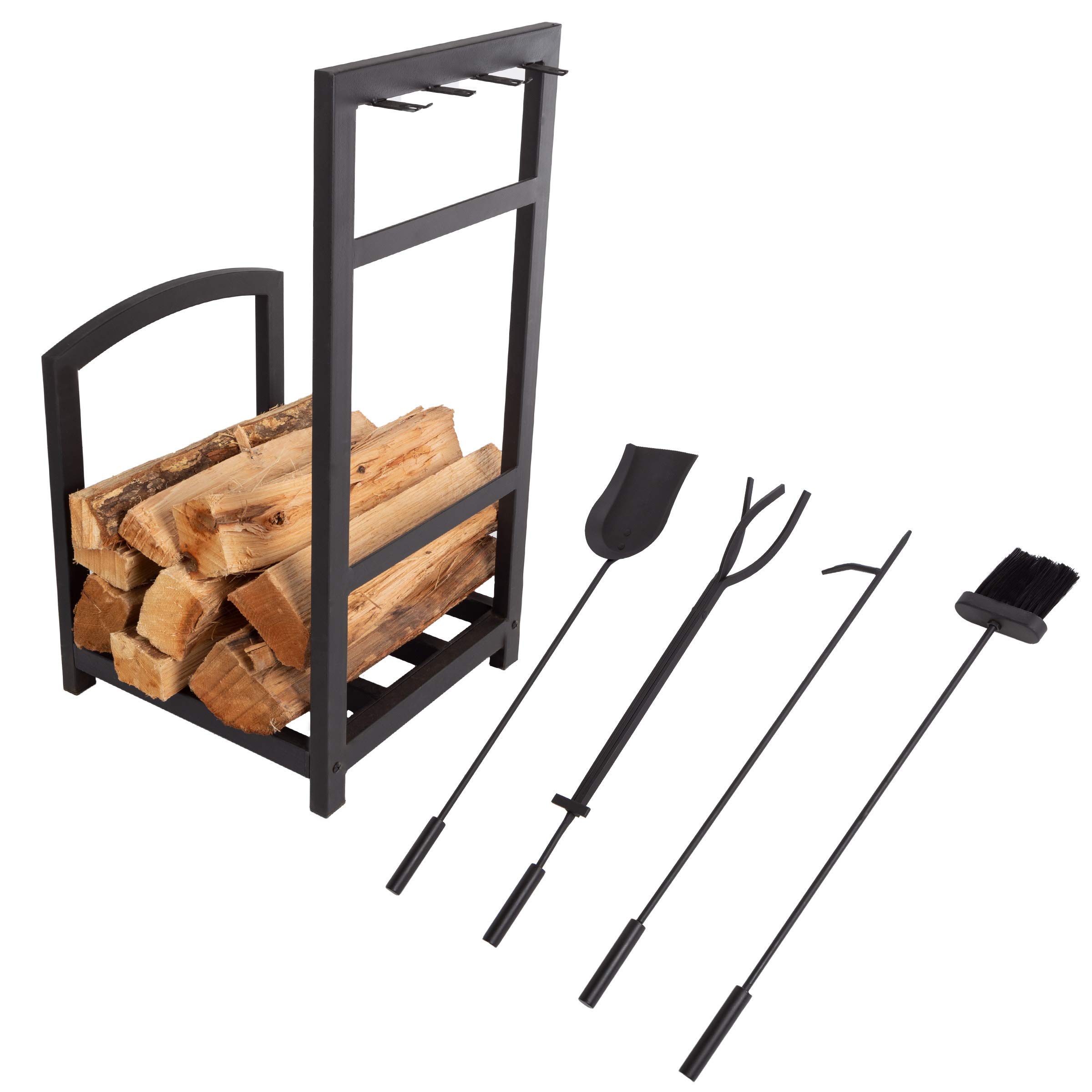 5-piece Fireplace Tool Set And Log Rack - Mission-style Firewood Holder  With Shovel, Broom, Tongs, And Poker For Hearth By Lavish Home (matte  Black) : Target