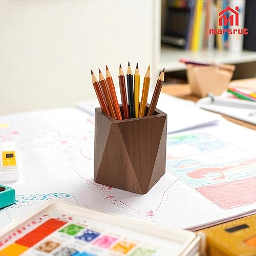 Miniatura 6 de Portalápices de madera, accesorios para lápices de madera, lindo organizador de tazas geométricas prismáticas, nogal negro, multifuncional para