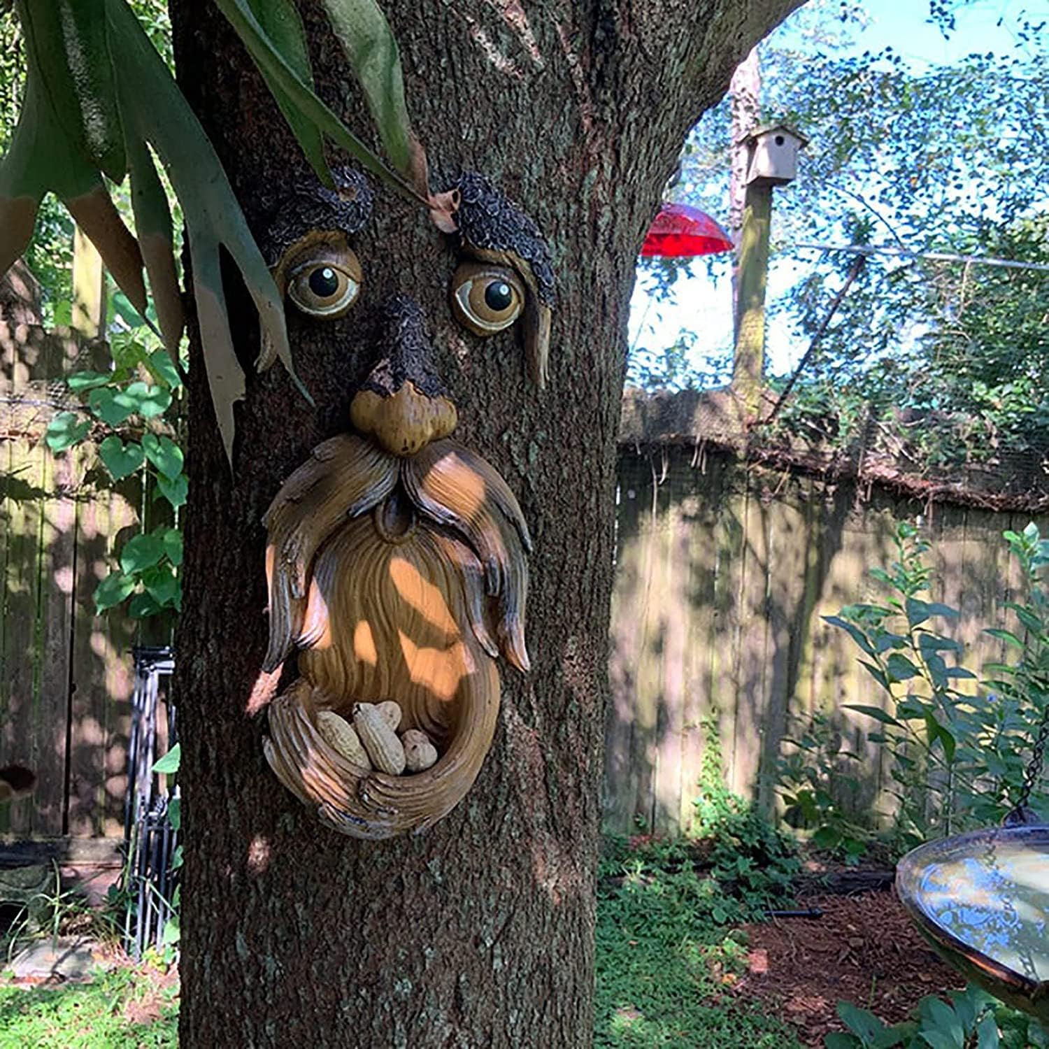 Tree Face Decor Bird Feeder Outdoor, Novelty Wild Resin Bird Feeder, Whimsical Old Man Tree Sculpture, Yard Art Garden Lawn Decoration