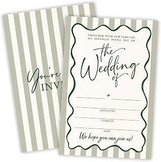 Ebned Stripe Green Wedding Invitations: 25 Fill-in Cards with Envelopes, Mr & Mrs Bridal Shower Invites, Newlywed Party Supplies - A09
