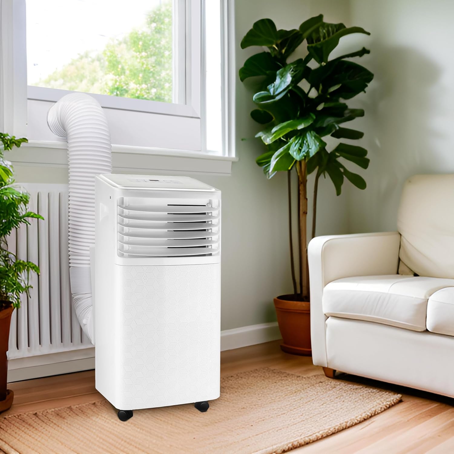 Arctic Wind portable air conditioner with exhaust hose connected to a window kit.