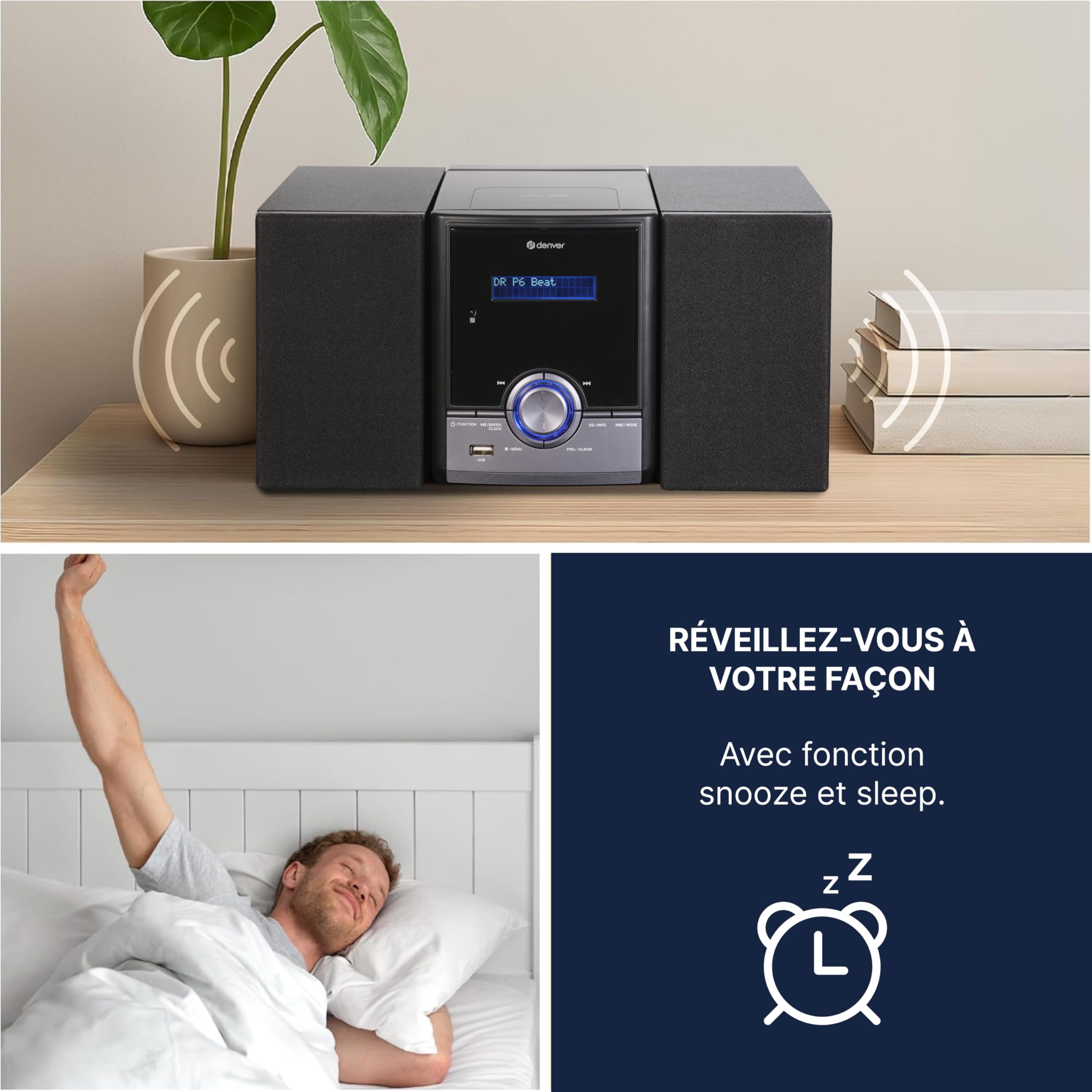 Denver MDA-285 Micro-chaîne Dab+/FM avec Bluetooth 5.0, CD, USB MP3, AUX, Double Alarme, 2 x 5 W RMS, télécommande | 2 x 50 W max, 2 x 5 W RMS, MP3, double alarme, minuterie de sommeil, télécommande, écran LCD