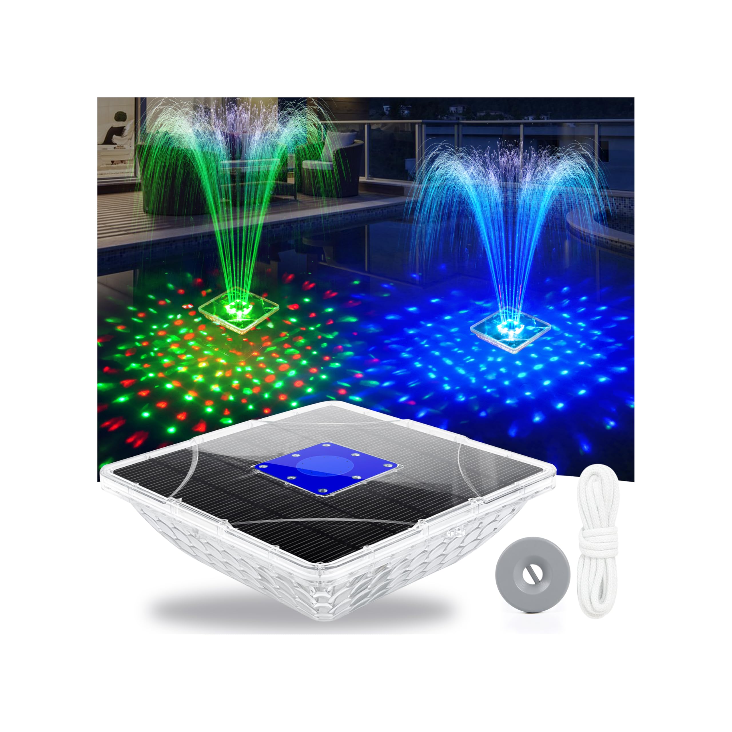 LanBlu Solar Springbrunnen für Außen mit Unterwasser Lichter, 24 * 24CM Springbrunnen Pool Schwimmend, 2 Modi Springbrunne Solar, Pools Wasserfontäne mit Anker, Brunnen für Pools Teich Garten