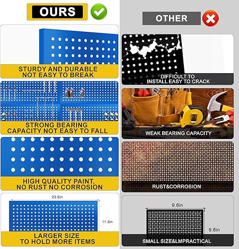Miniatura 5 de Paneles de metal de 24 x 12 pulgadas, paquete de 4 organizadores de pared de acero resistente, herramientas utilitarias de garaje, sistema de
